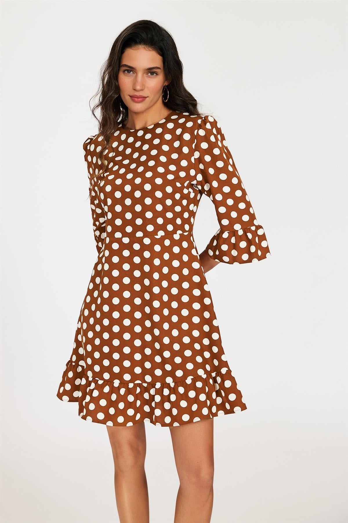 FS Collection Polka Dot Print Frill Detail Mini Dress In Brown
