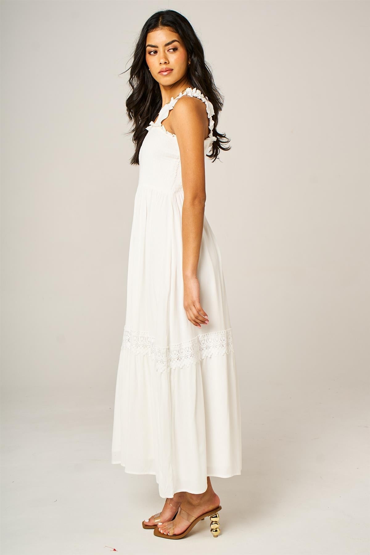 Lace Detail Tiered Maxi Dress In White