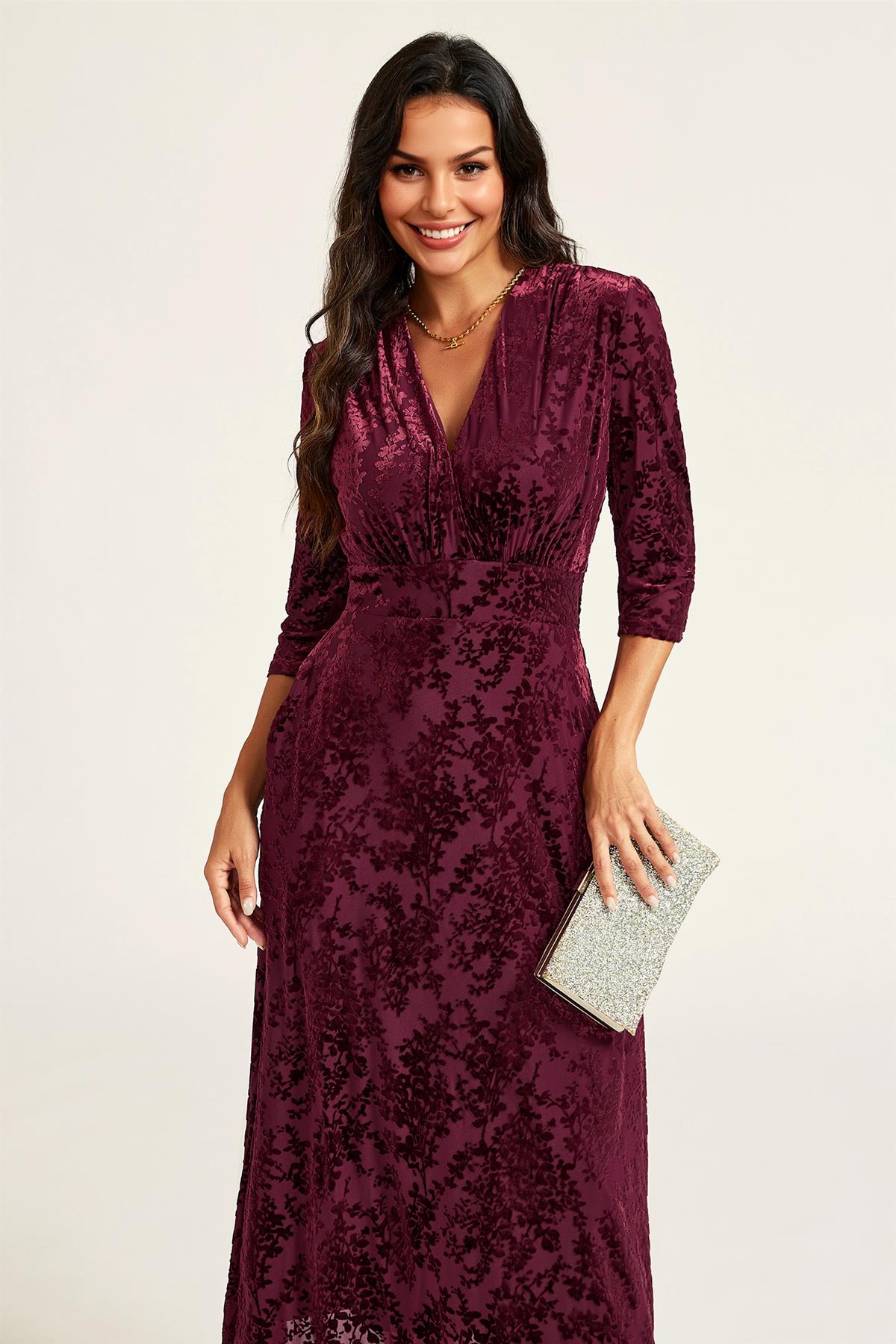 FS Collection Velvet Flock Wrap Neck 3/4 Sleeve Midi Dress In Wine