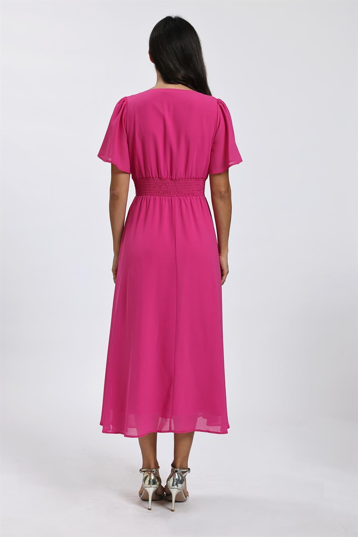 FS Collection Fuchsia V Neckline Shirred Waist Midi Dress