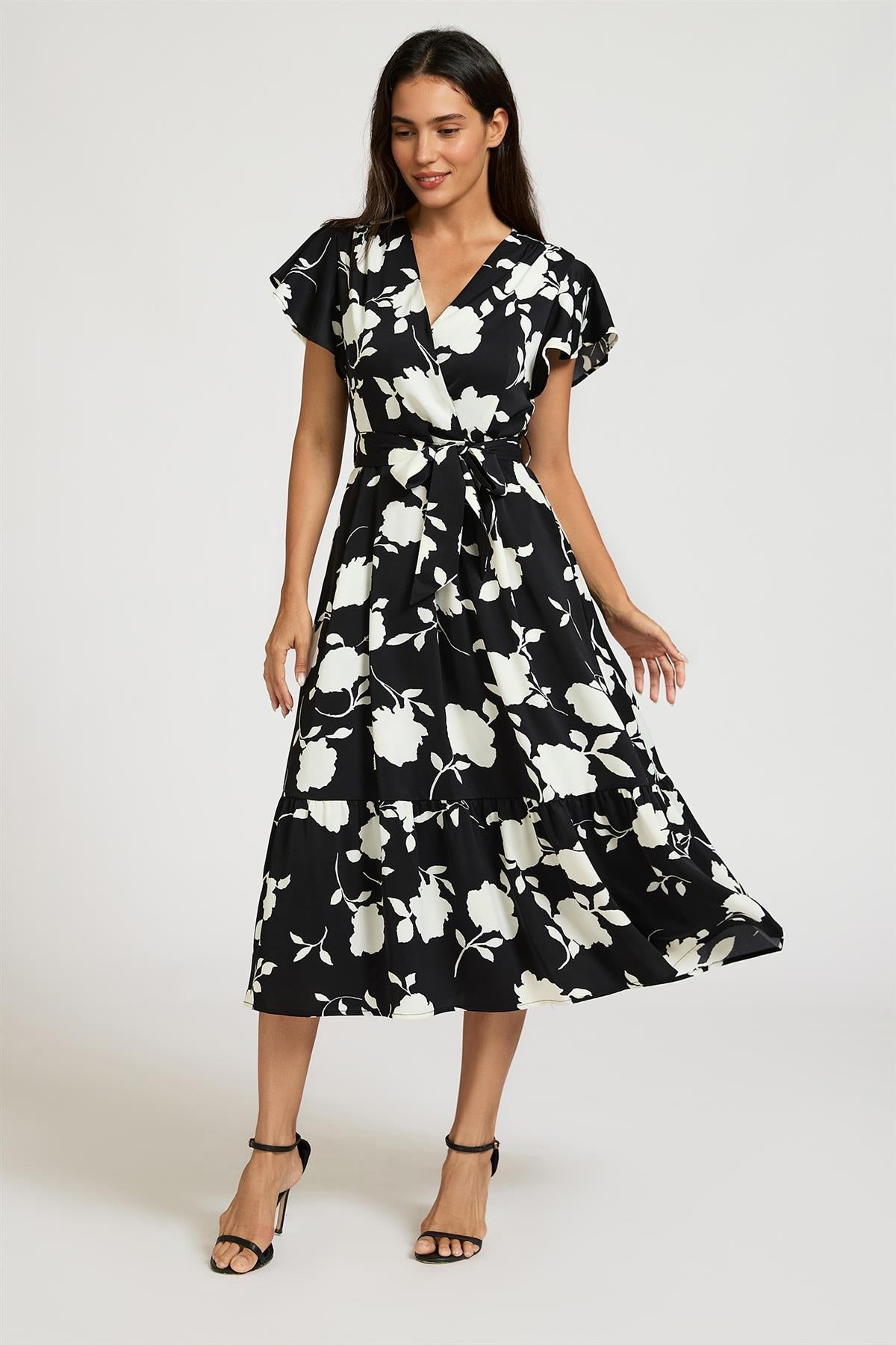 FS Collection White Floral Print Wrap Top Belted Midi Dress In Black