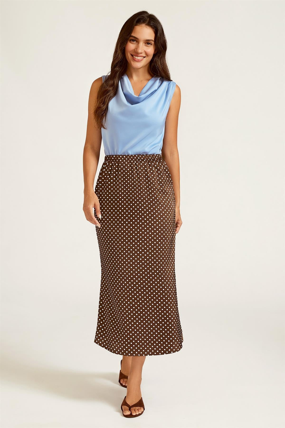 Polka Dot Print Satin Midi Skirt In Brown