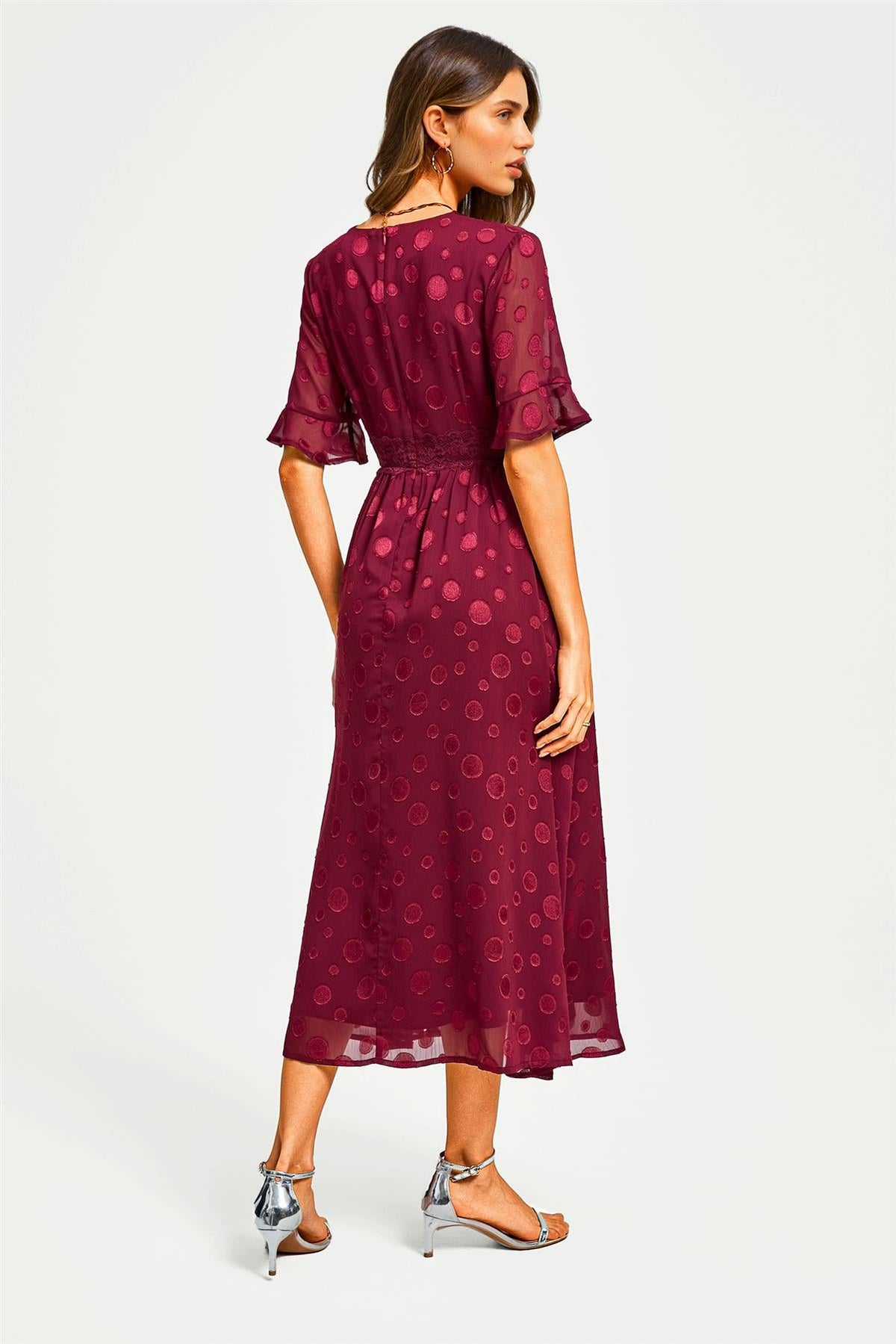 Polka Dot Jacquard Long Sleeve Lace Trim V Neck Maxi Dress In Wine