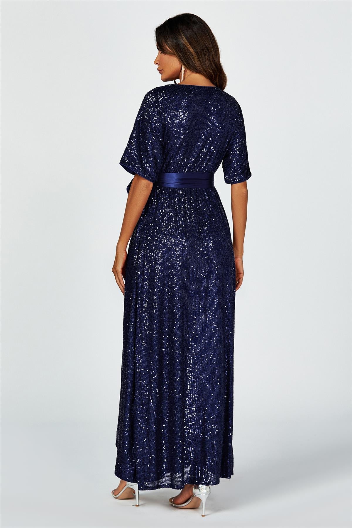FS Collection Wrap Style Navy Blue Sequin Maxi Dress