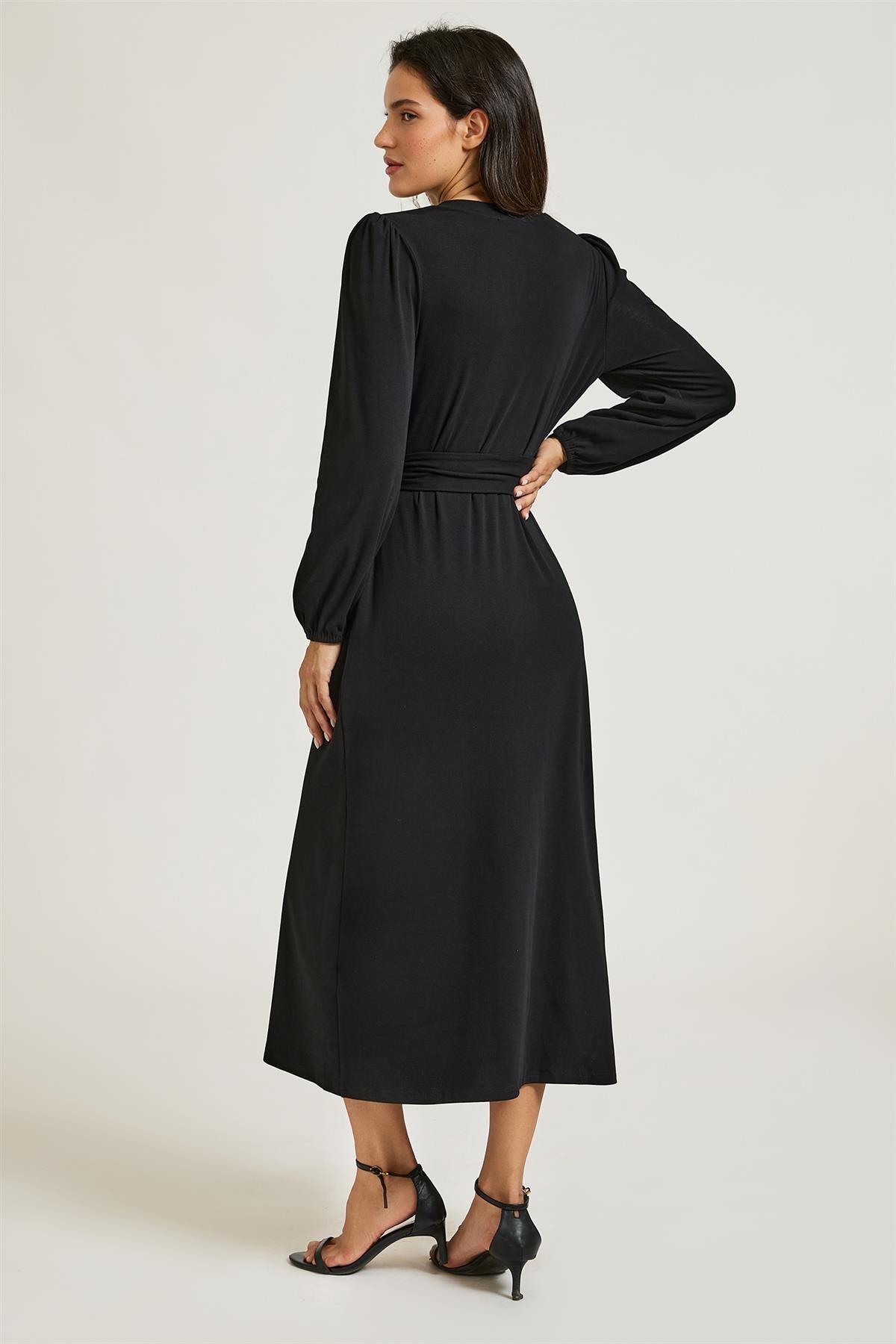 FS Collection Black Long Balloon Sleeve Jersey Midi Shirt Dress