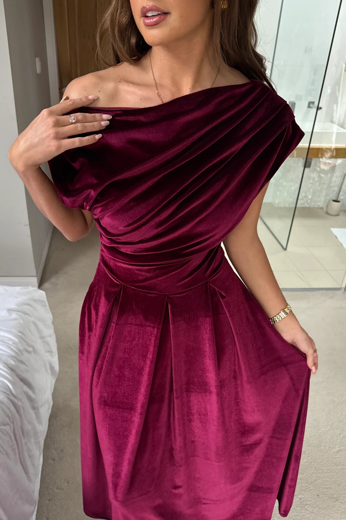 Girl In Mind Betty Asymmetric Berry Velvet Midi Dress