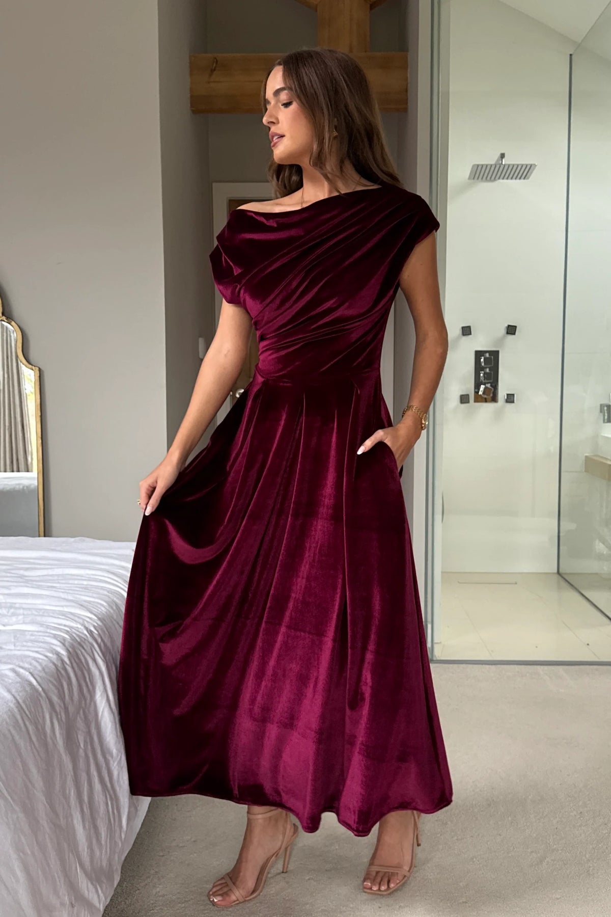 Girl In Mind Betty Asymmetric Berry Velvet Midi Dress