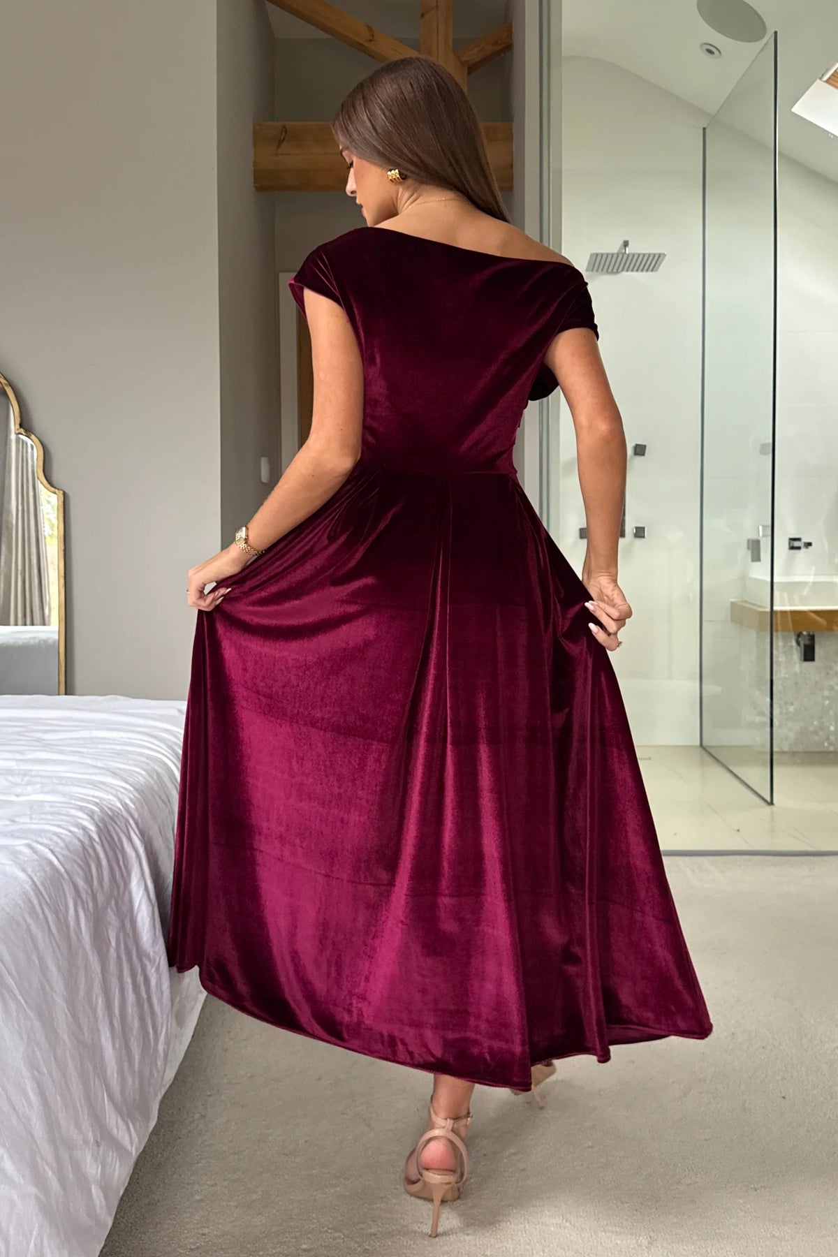 Girl In Mind Betty Asymmetric Berry Velvet Midi Dress
