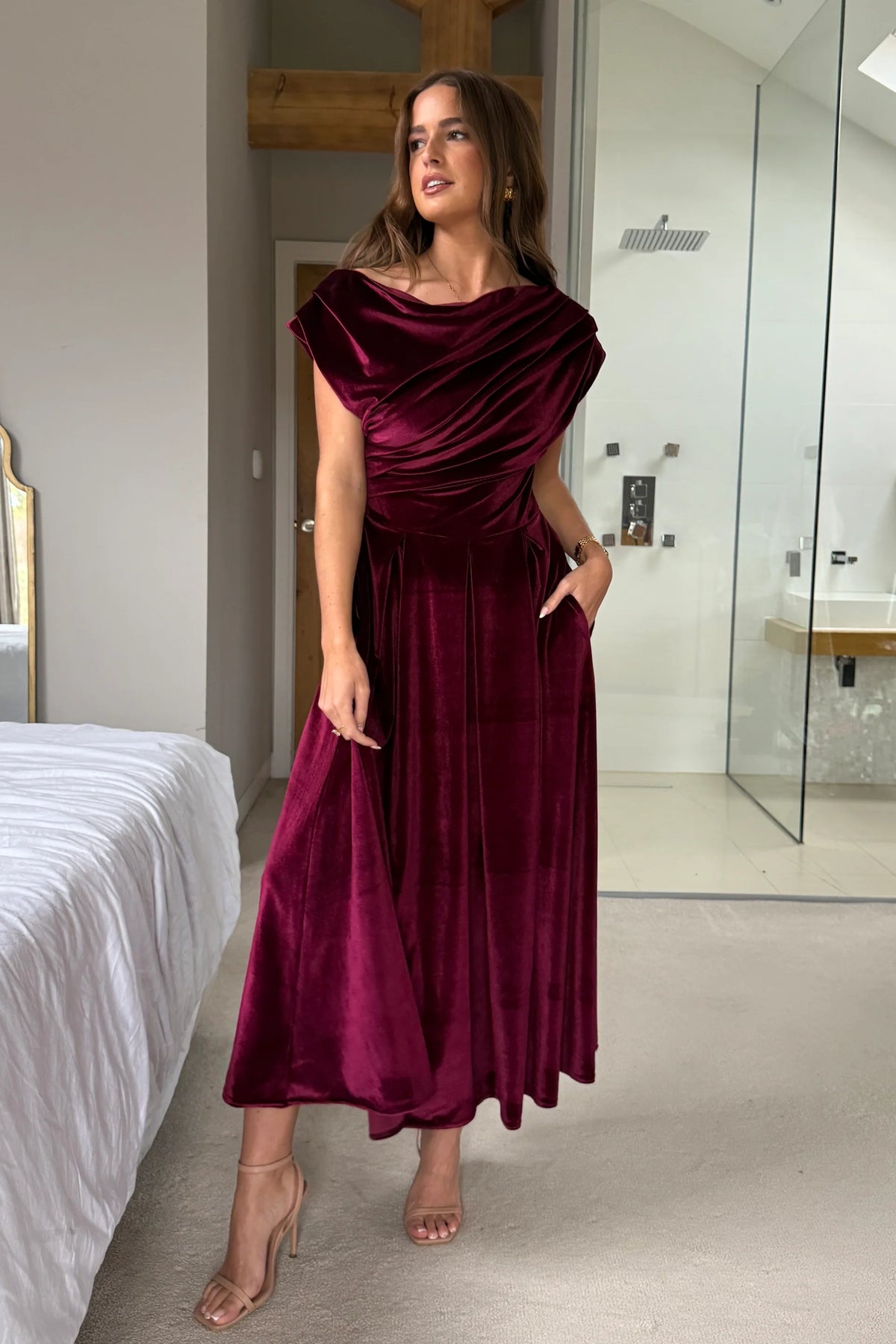 Girl In Mind Betty Asymmetric Berry Velvet Midi Dress