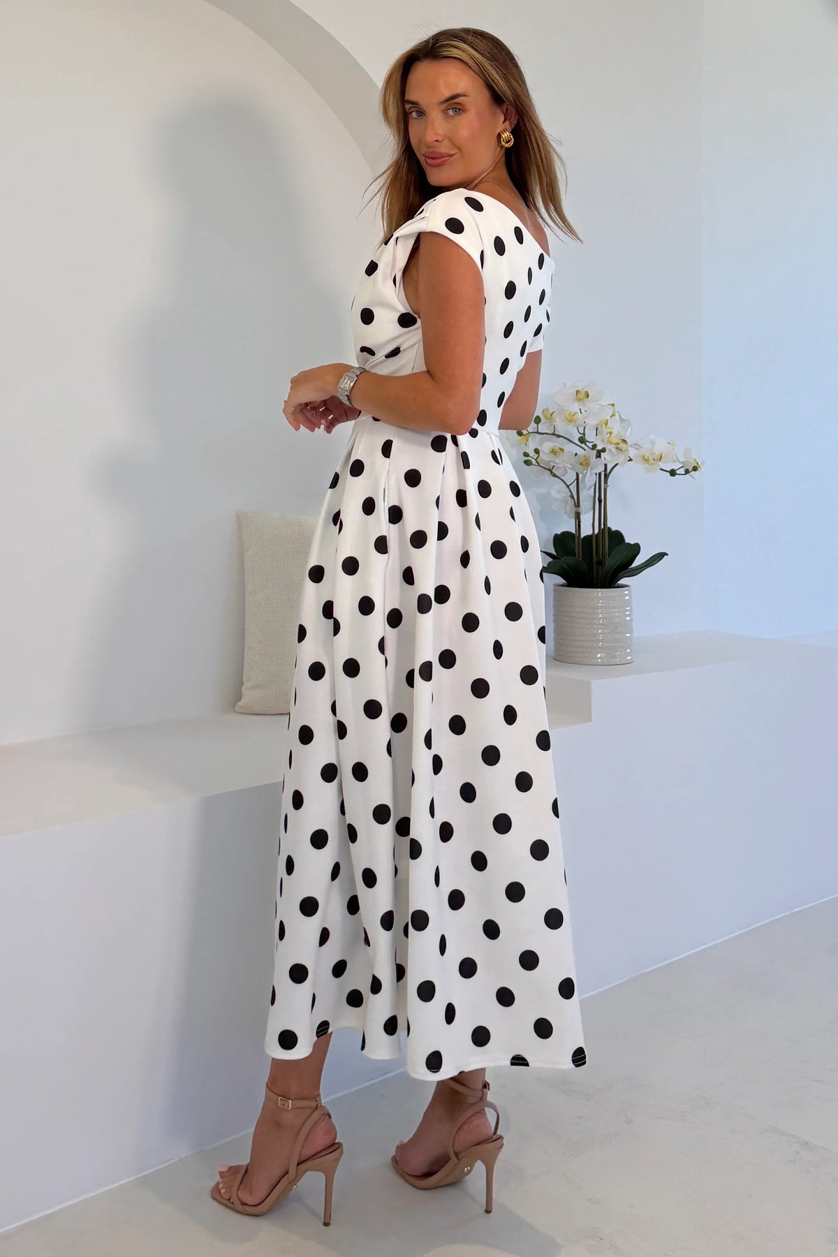 Girl In Mind Betty Asymmetric White Polka Dot Midi Dress