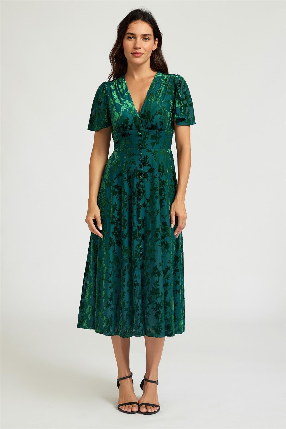 FS Collection Green Floral Velvet Devore V neckline Dress