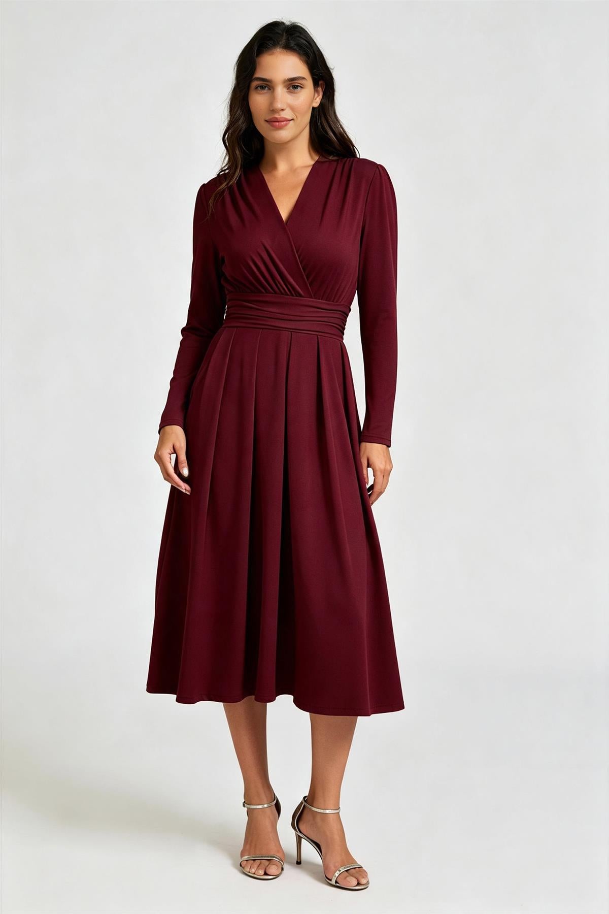 FS Collection Burgundy Jersey Long Sleeve Midi Dress