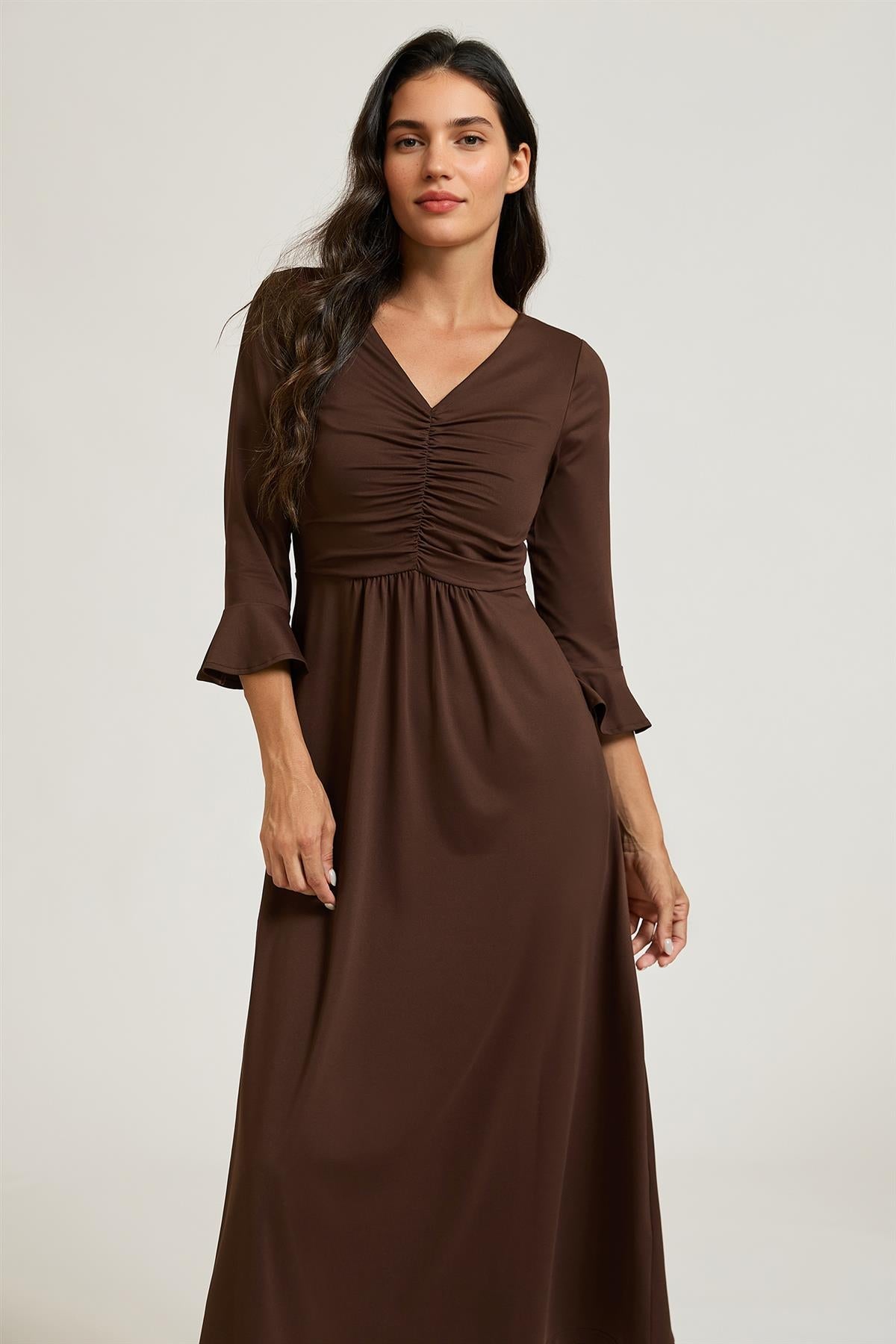 Fluted Sleeves Ruched Jersey Midi Dress In Brown