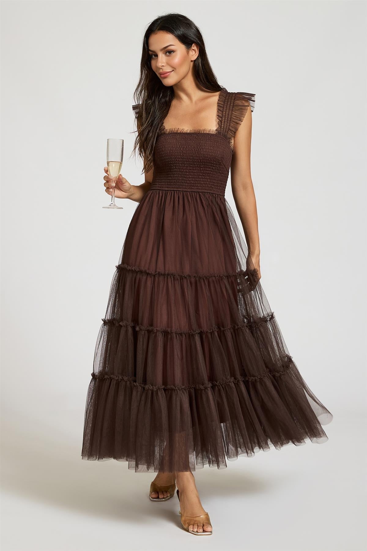 FS Collection Sleeveless Smocked Ruffle Tulle Dress In Brown