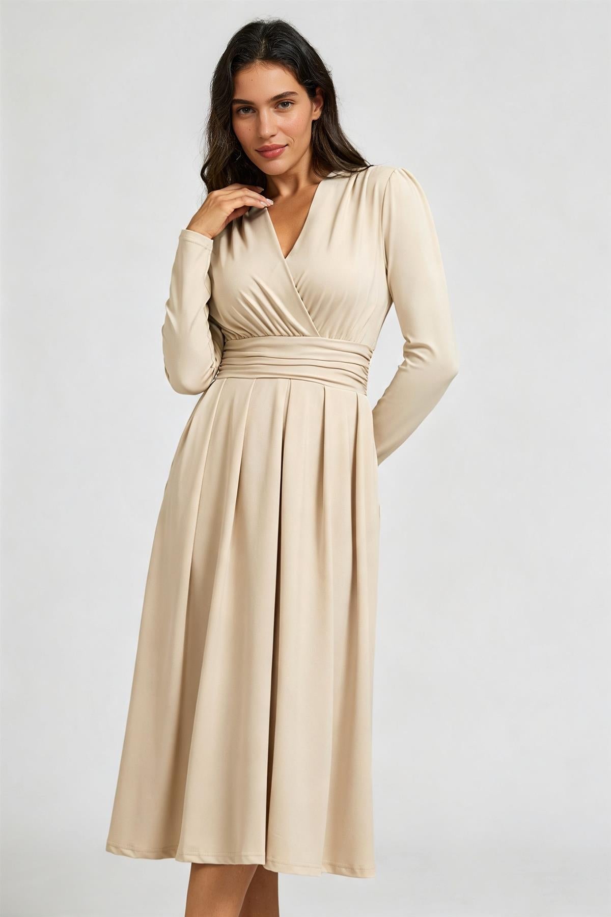 FS Collection Jersey Long Sleeve Midi Dress In Light Oat