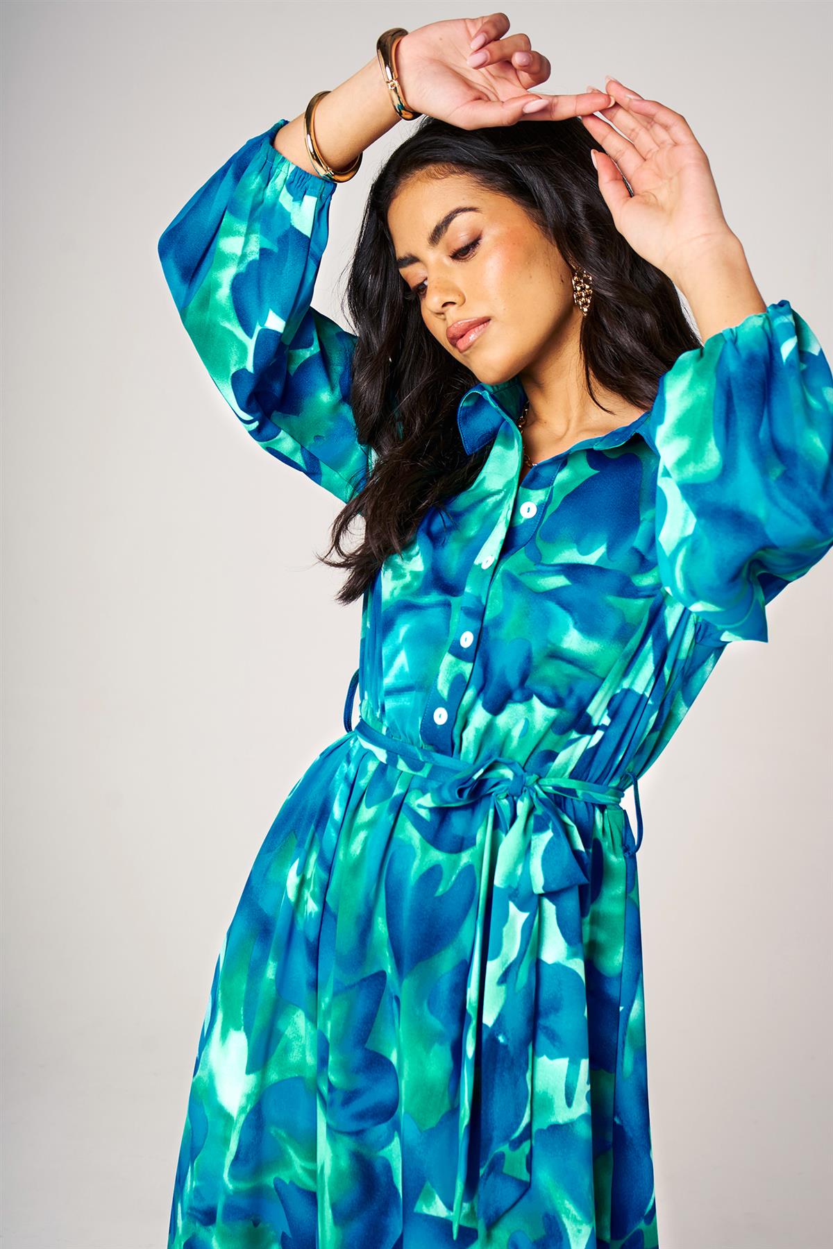 FS Collection Abstract Floral Print Hem Detail Shirt Midi Dress With Tie Waist In Blue