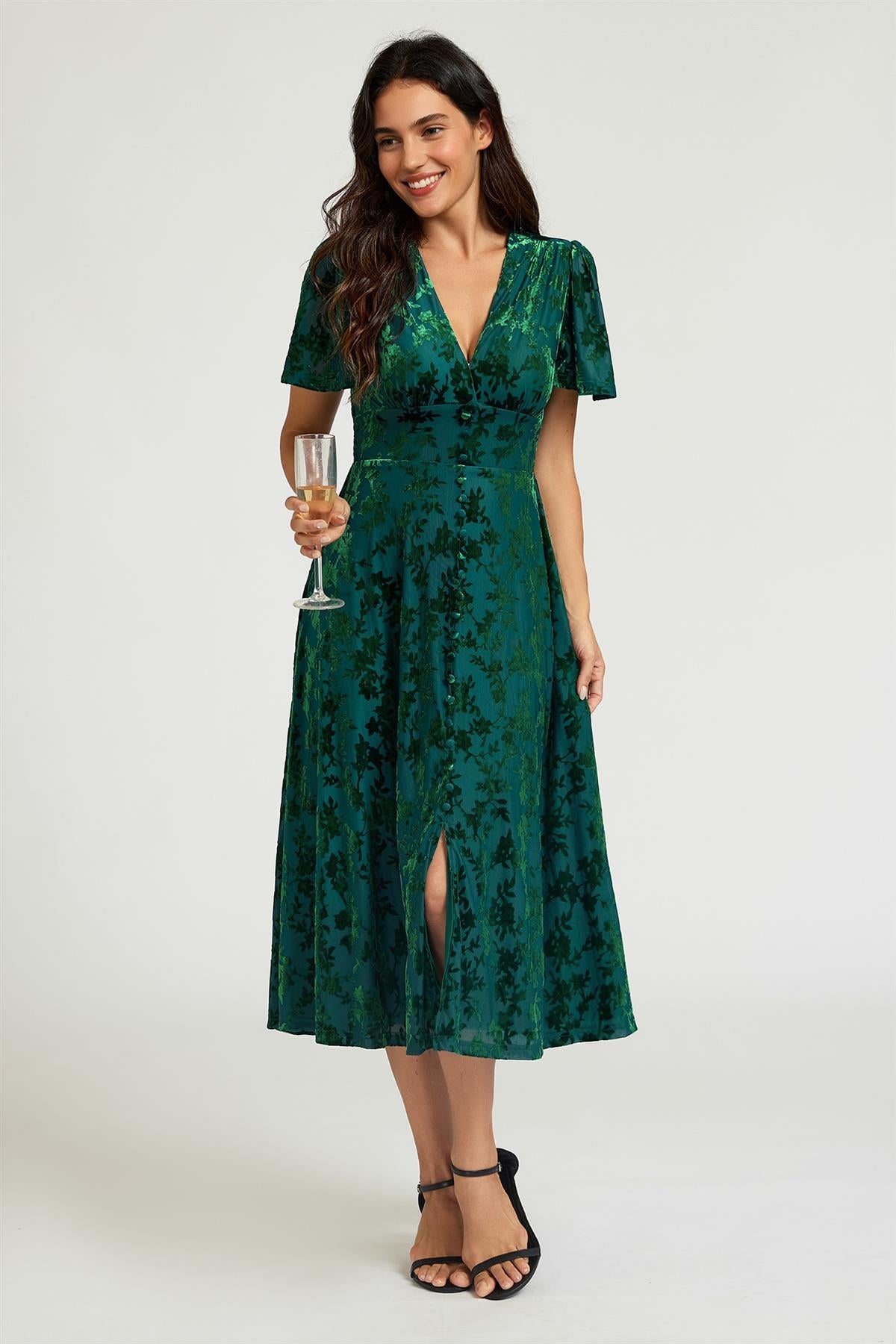 FS Collection Green Floral Velvet Devore V neckline Dress
