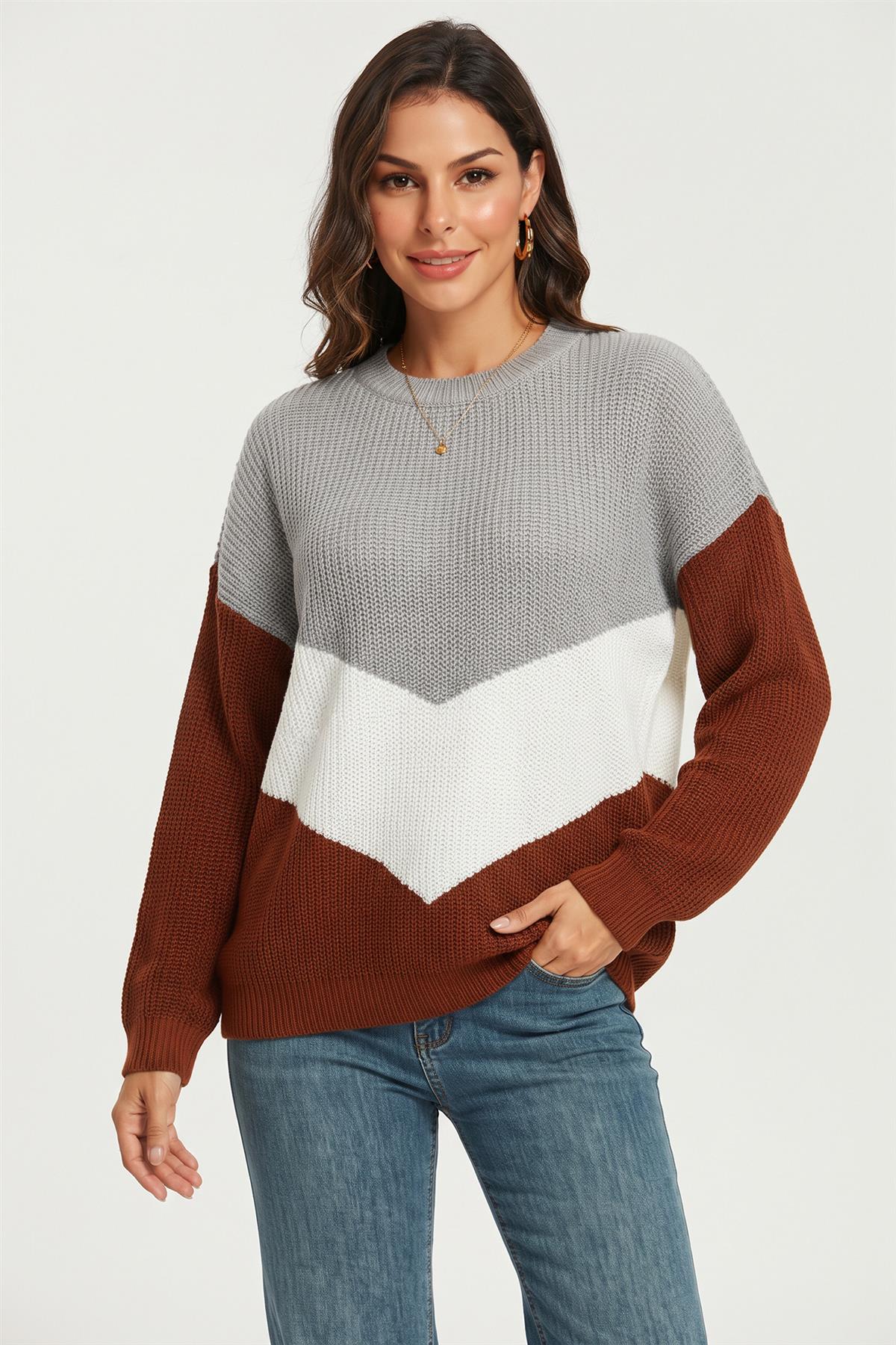 Colour Block Chevron Crew Neck Knitted Jumper