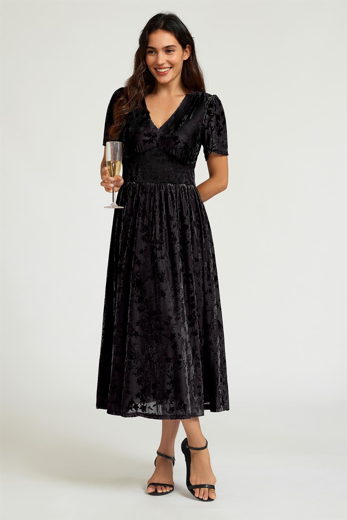 FS Collection Black Velvet Burnout V-Neck Angel Sleeve Midi Dress