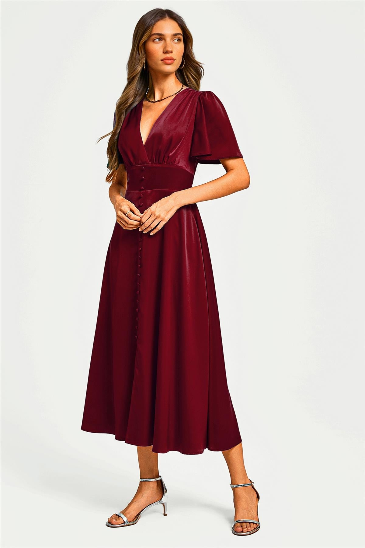 FS Collection Satin V neckline Button Detail Dress In Wine