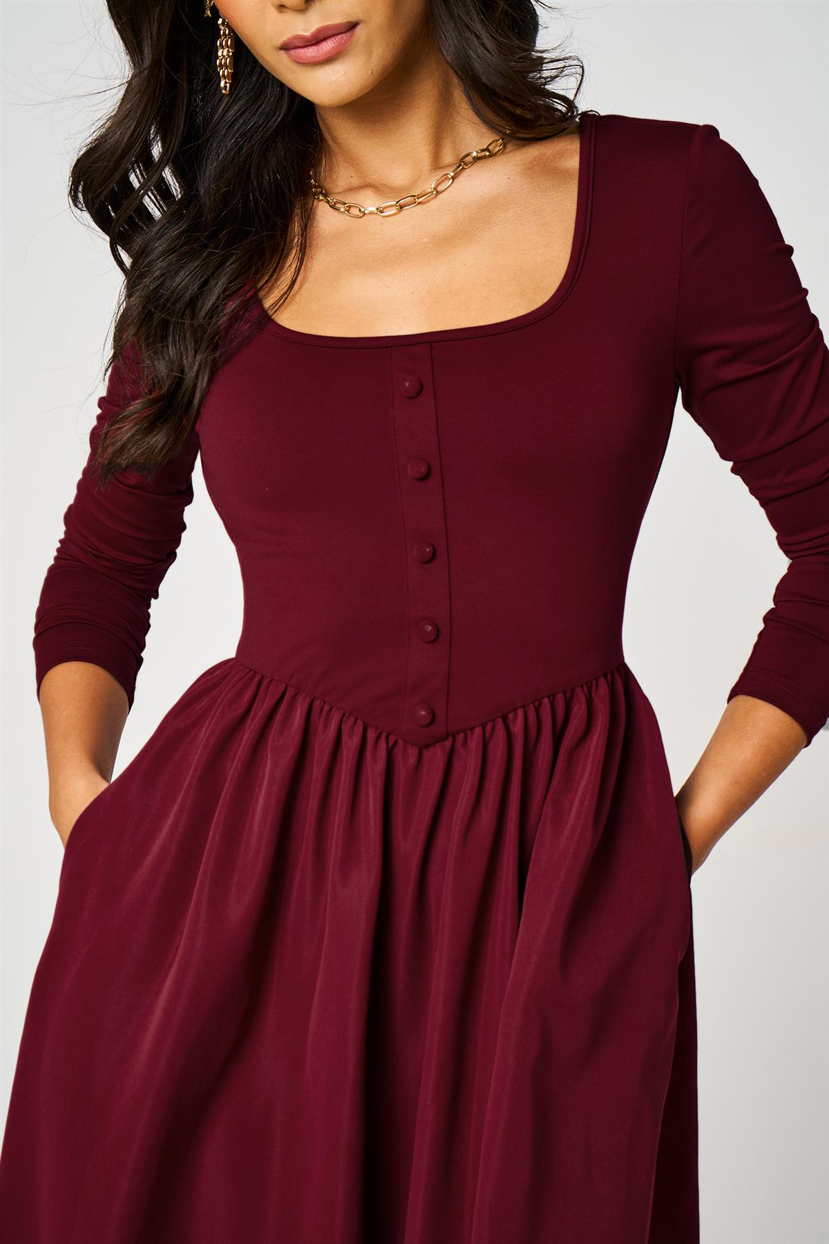 FS Collection Long Sleeve Button Detail Midi Dress In Wine