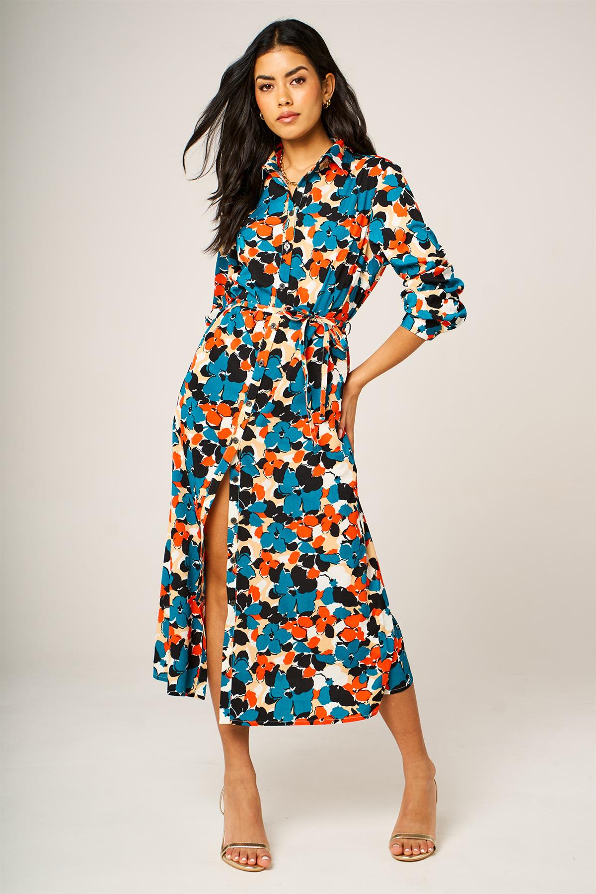 Floral Print Shirt Midi Dress In Multi