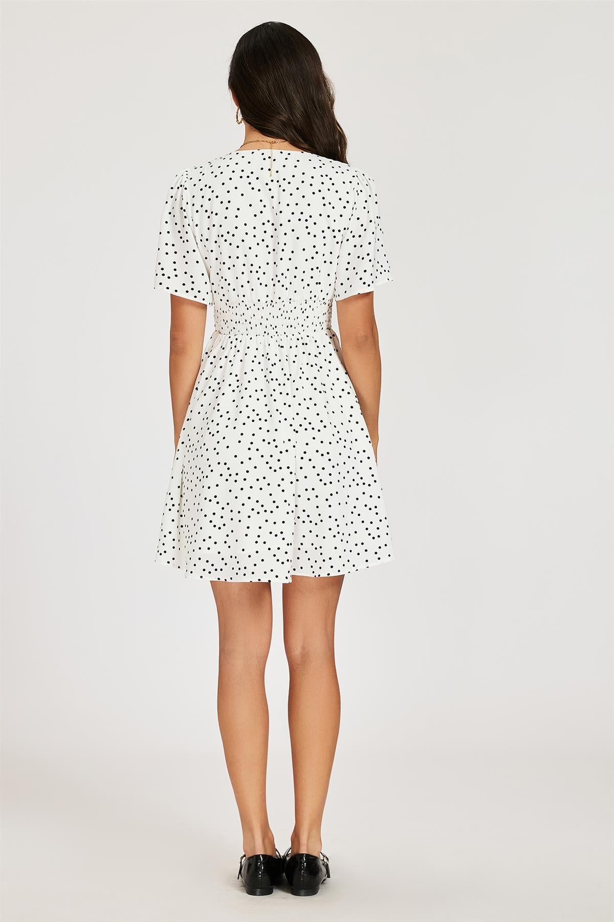 FS Collection Dot Print Short Sleeve Mini Dress In White