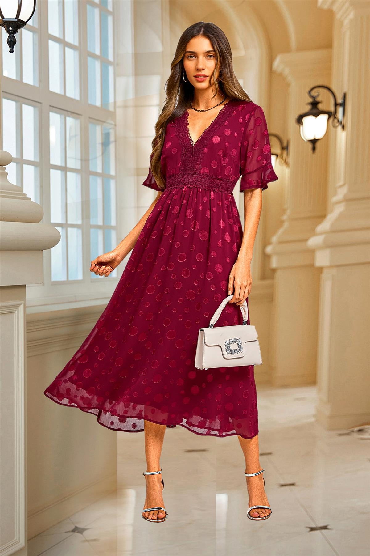 Polka Dot Jacquard Long Sleeve Lace Trim V Neck Maxi Dress In Wine