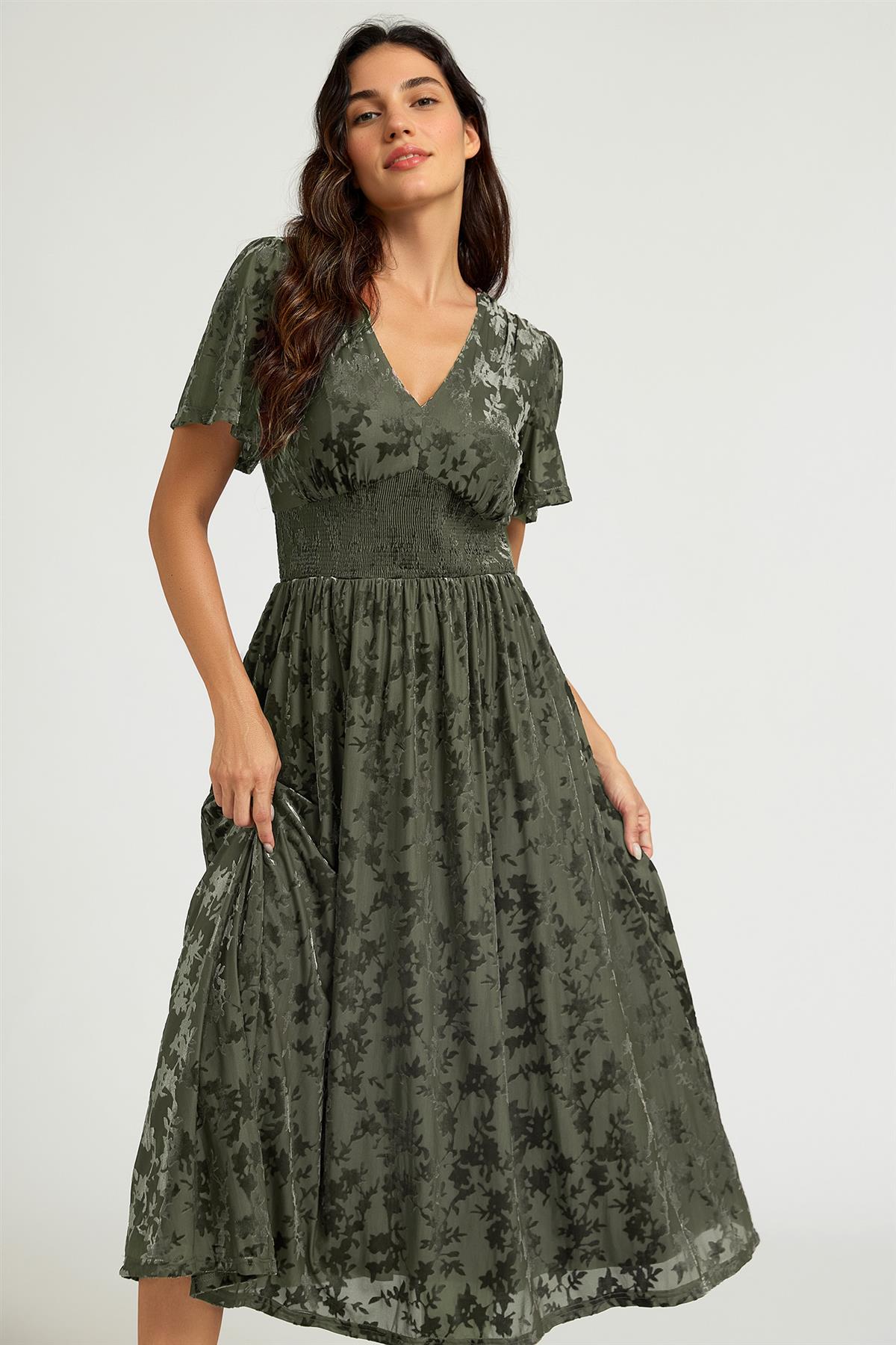 FS Collection Dark Sage Velvet Burnout V-Neck Angel Sleeve Midi Dress