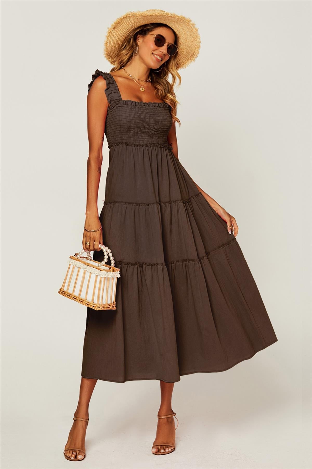 FS Collection Hem Detail Tiered Maxi Dress In Brown