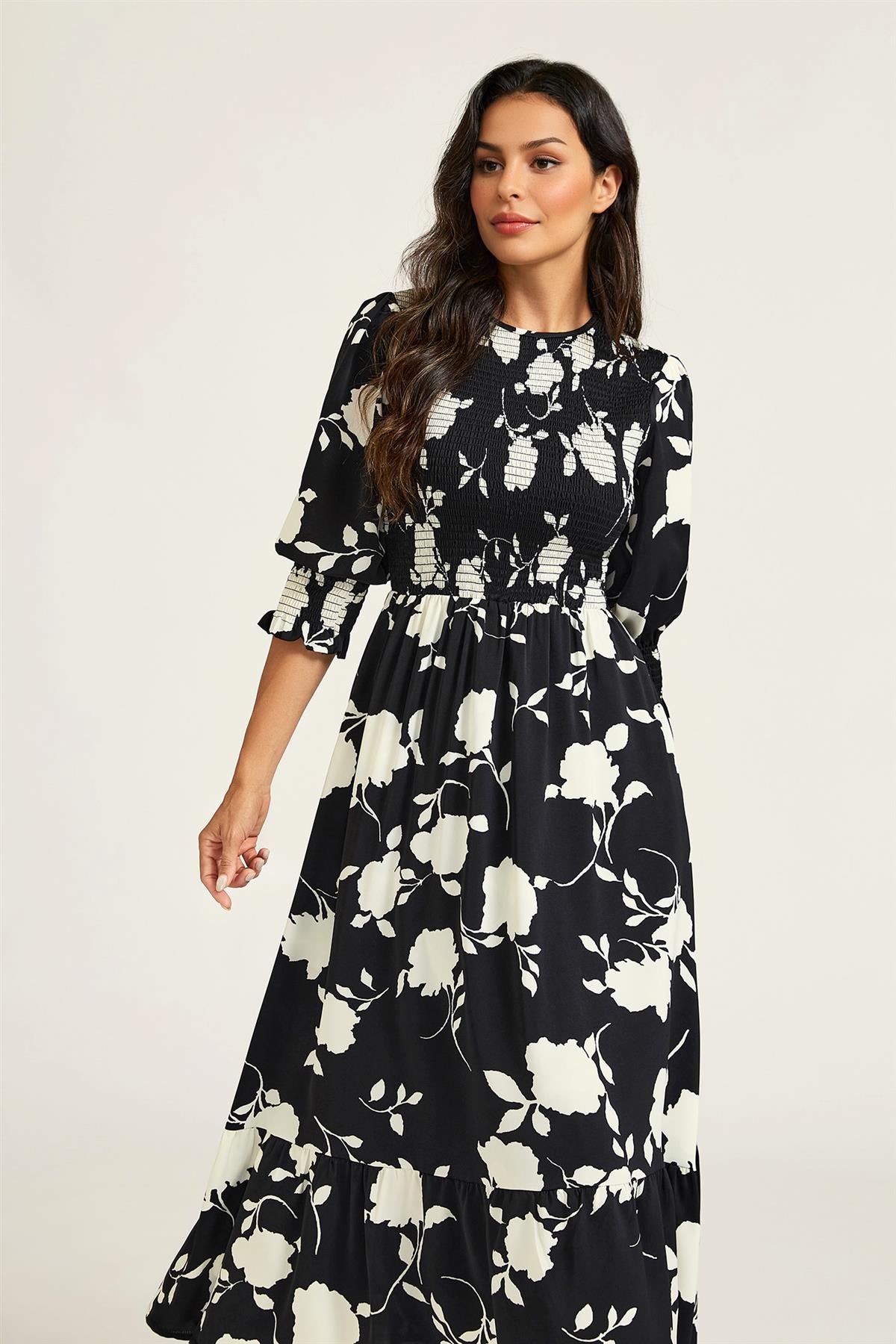 FS Collection Floral Print 3/4 length Sleeves Smocked Midi Dress In Black