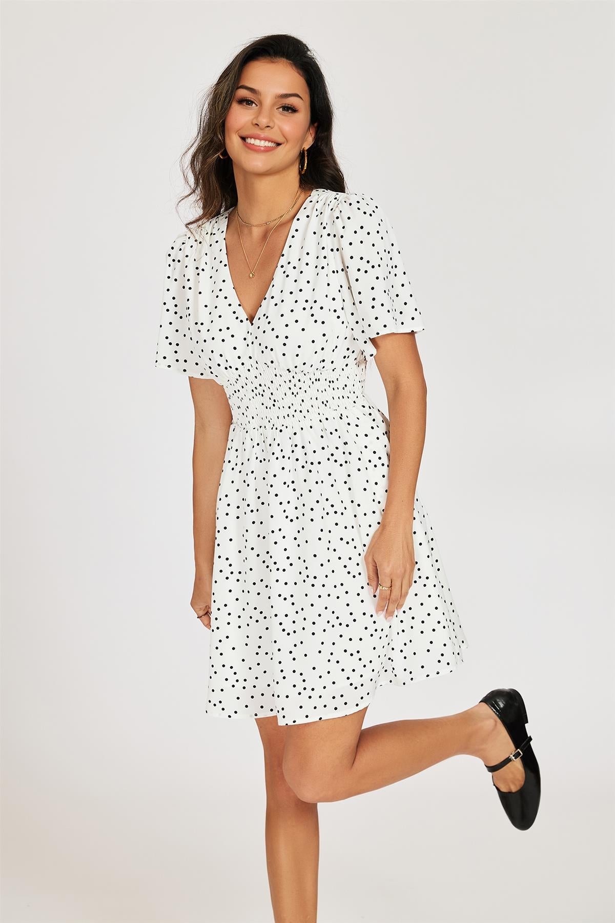 FS Collection Dot Print Short Sleeve Mini Dress In White
