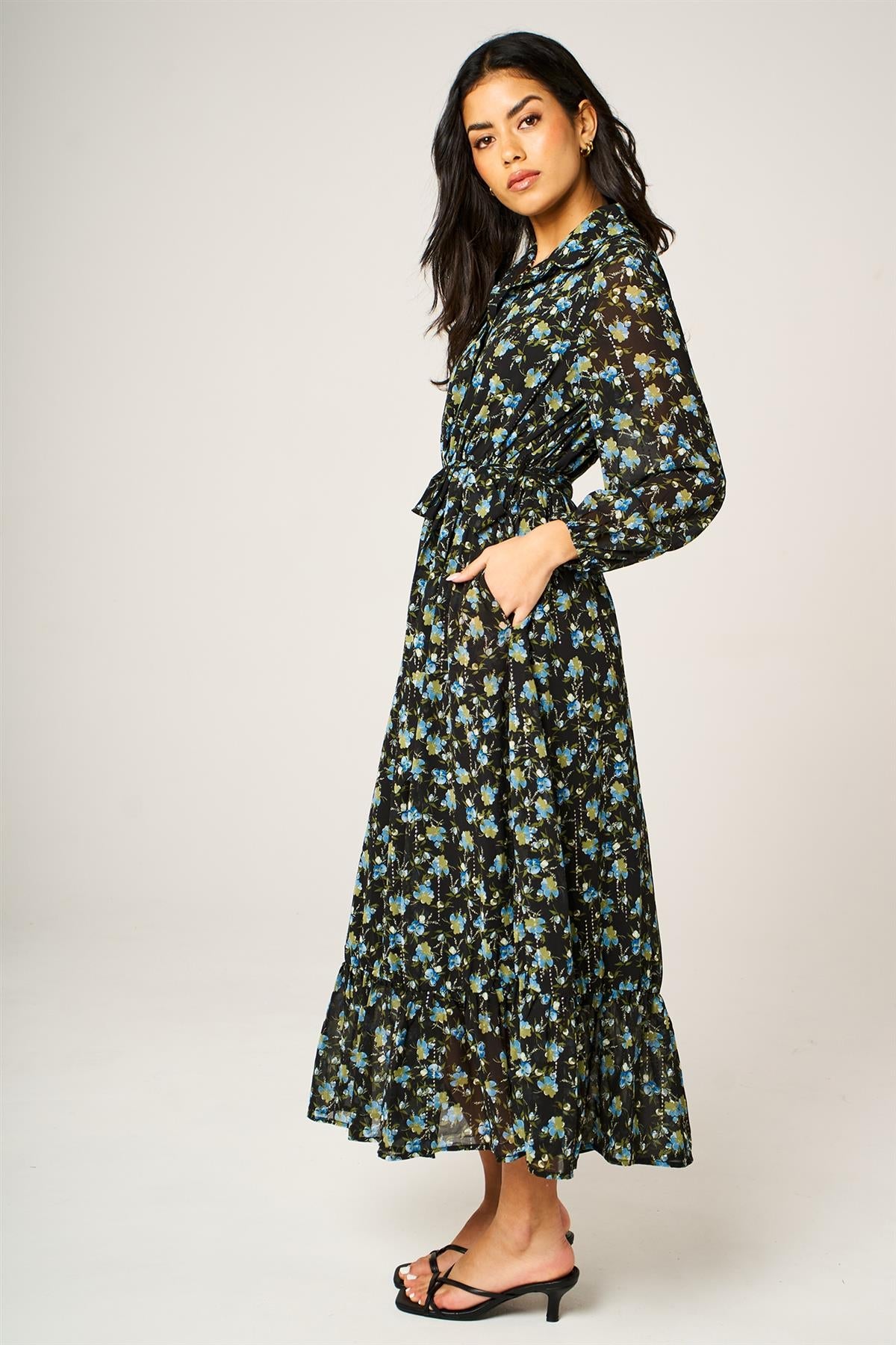 Floral Print Hem Detail Shirt Midi Dress With Tie Waist In Black