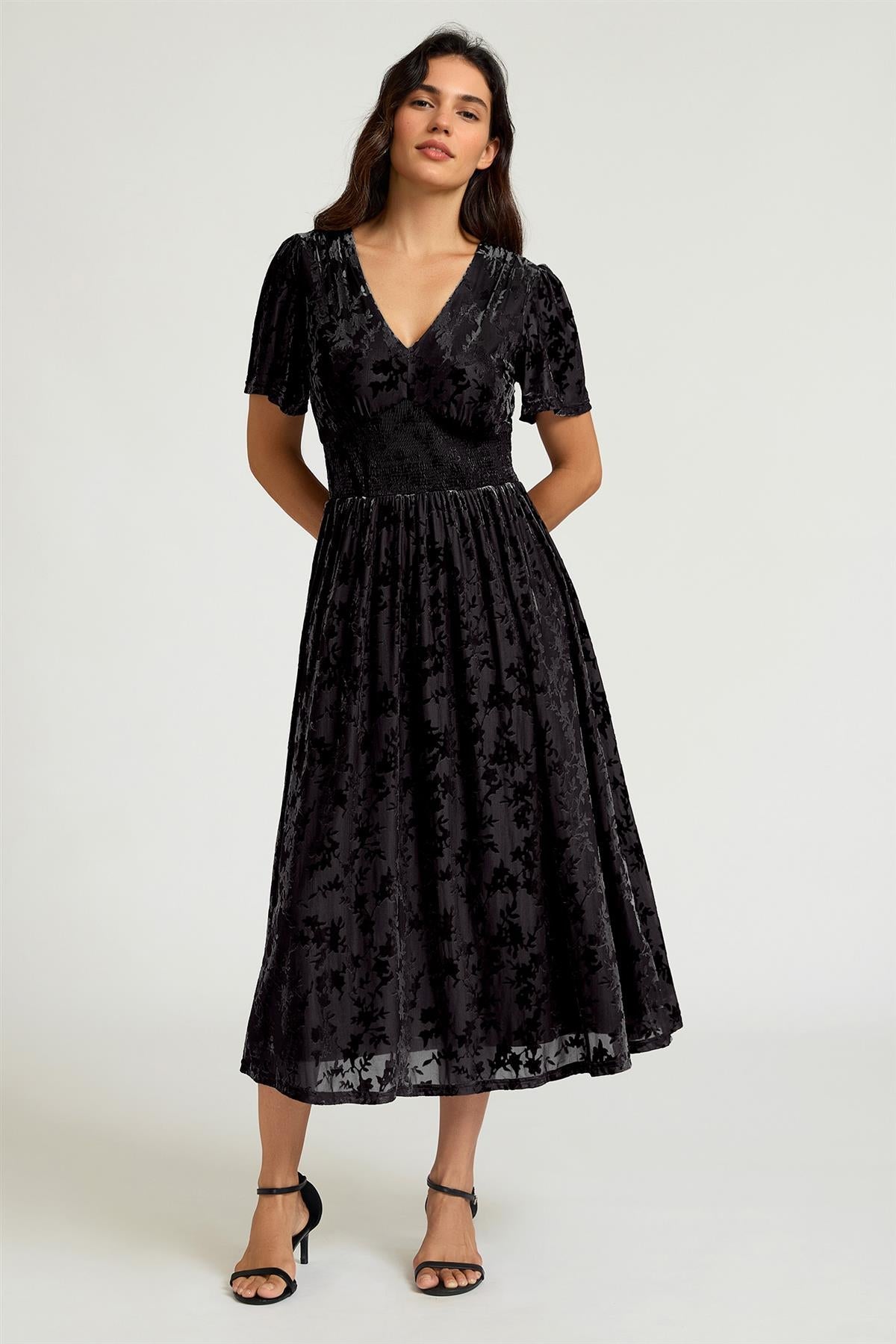 FS Collection Black Velvet Burnout V-Neck Angel Sleeve Midi Dress