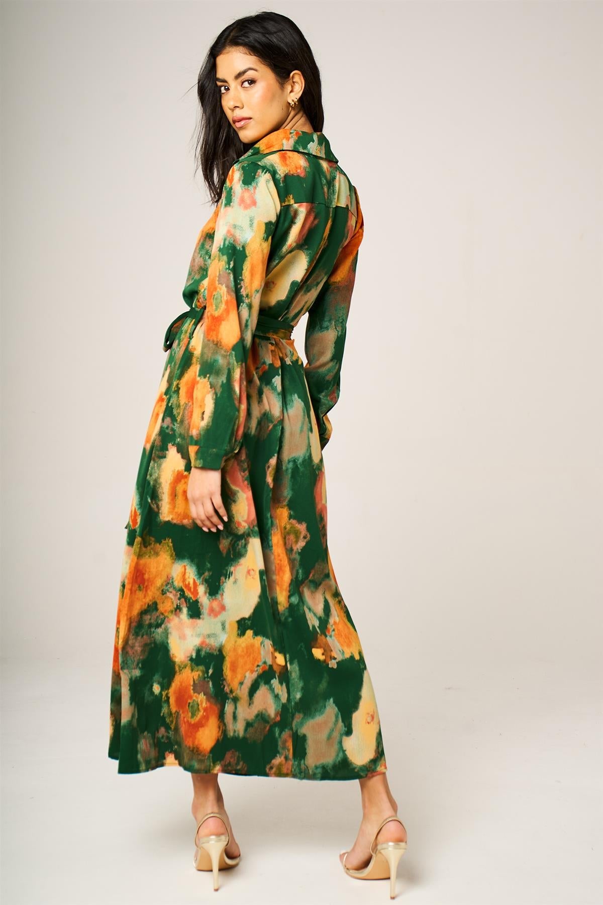 Abstract Floral Long Sleeve Belted Shirt Dress In Green