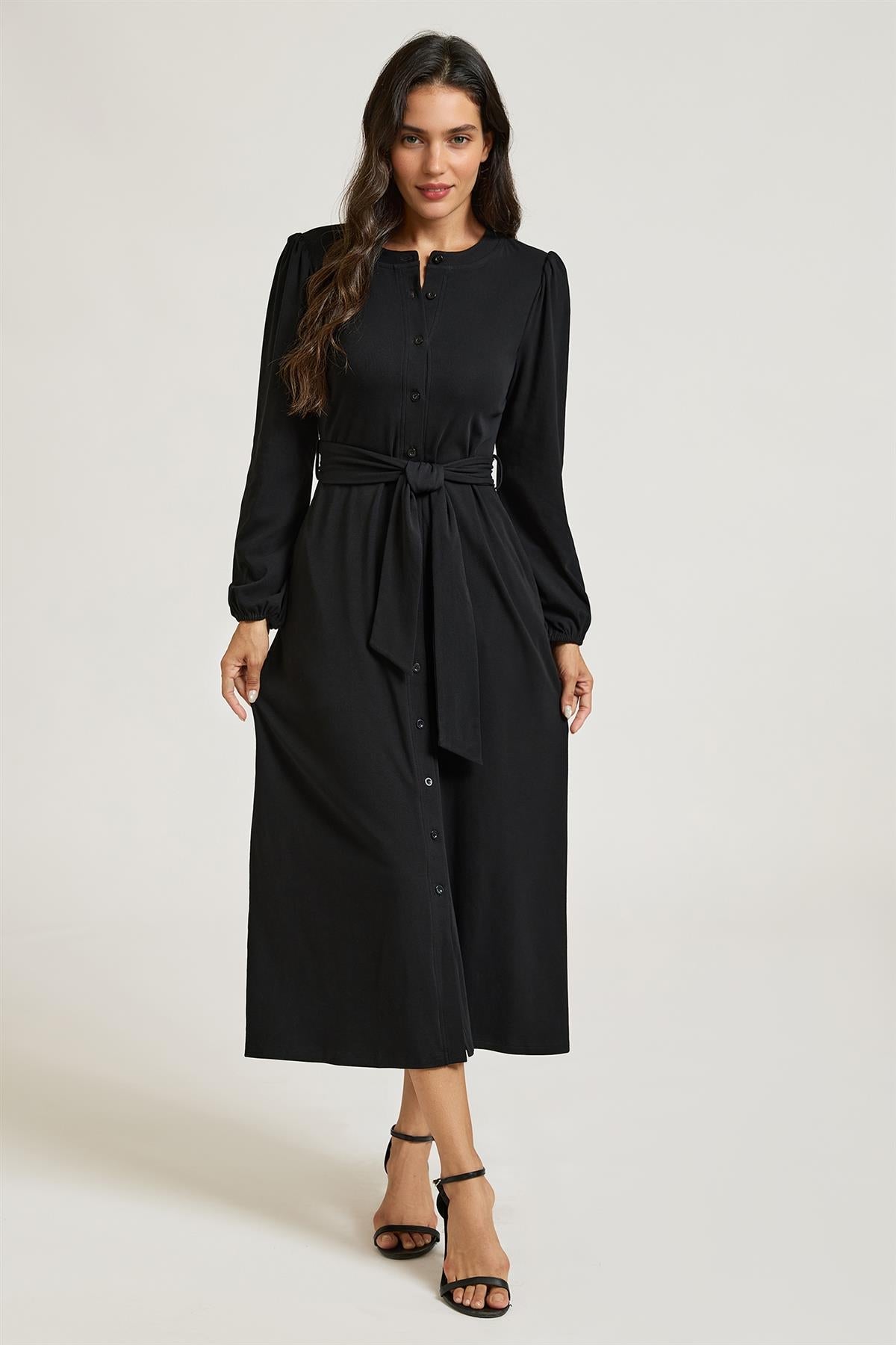 FS Collection Black Long Balloon Sleeve Jersey Midi Shirt Dress