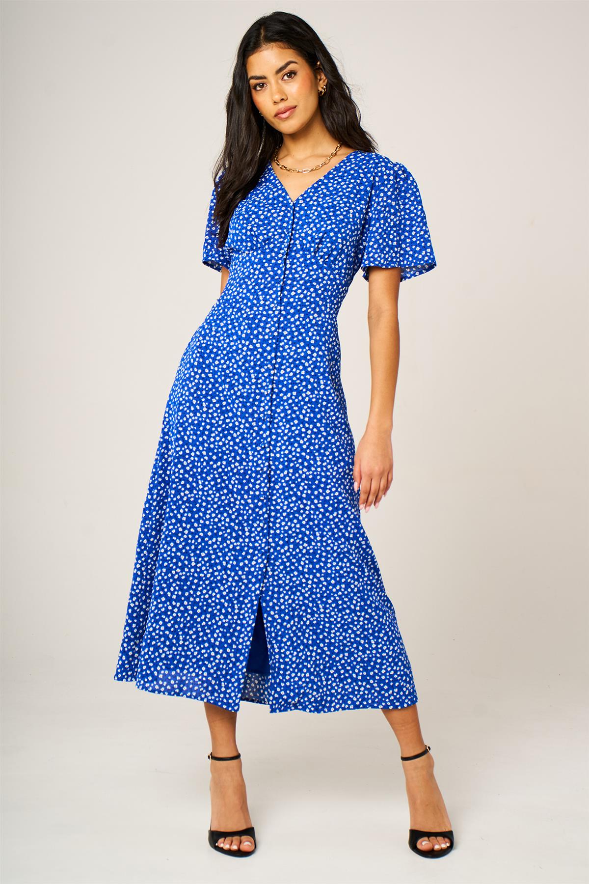 Little Floral Print Button Front Midi Dress In Blue