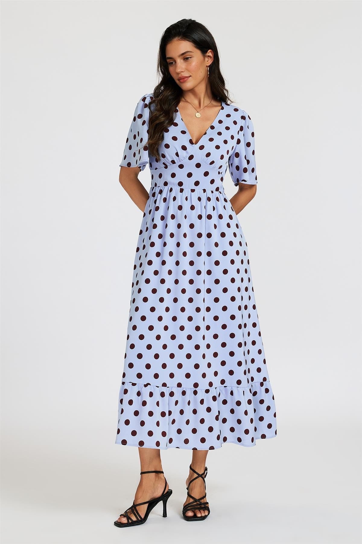 FS Collection Polka Dot Print Angel Sleeve V Neck Frill Hem Midi Dress In Blue