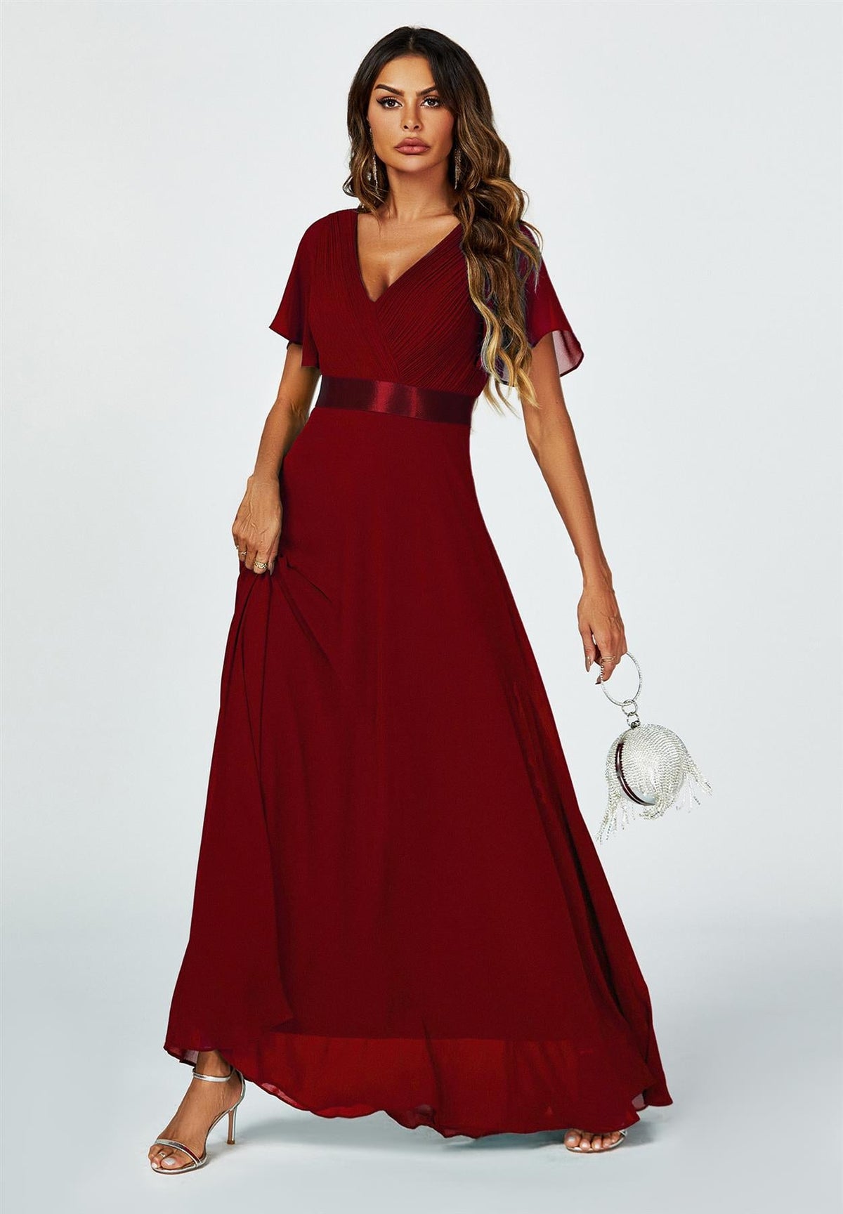 Angel Sleeves Empire Waist Bridesmaid Dress In Wine