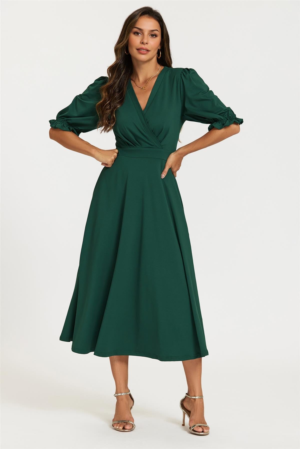 FS Collection Half Sleeve Jersey Green Midi Dress