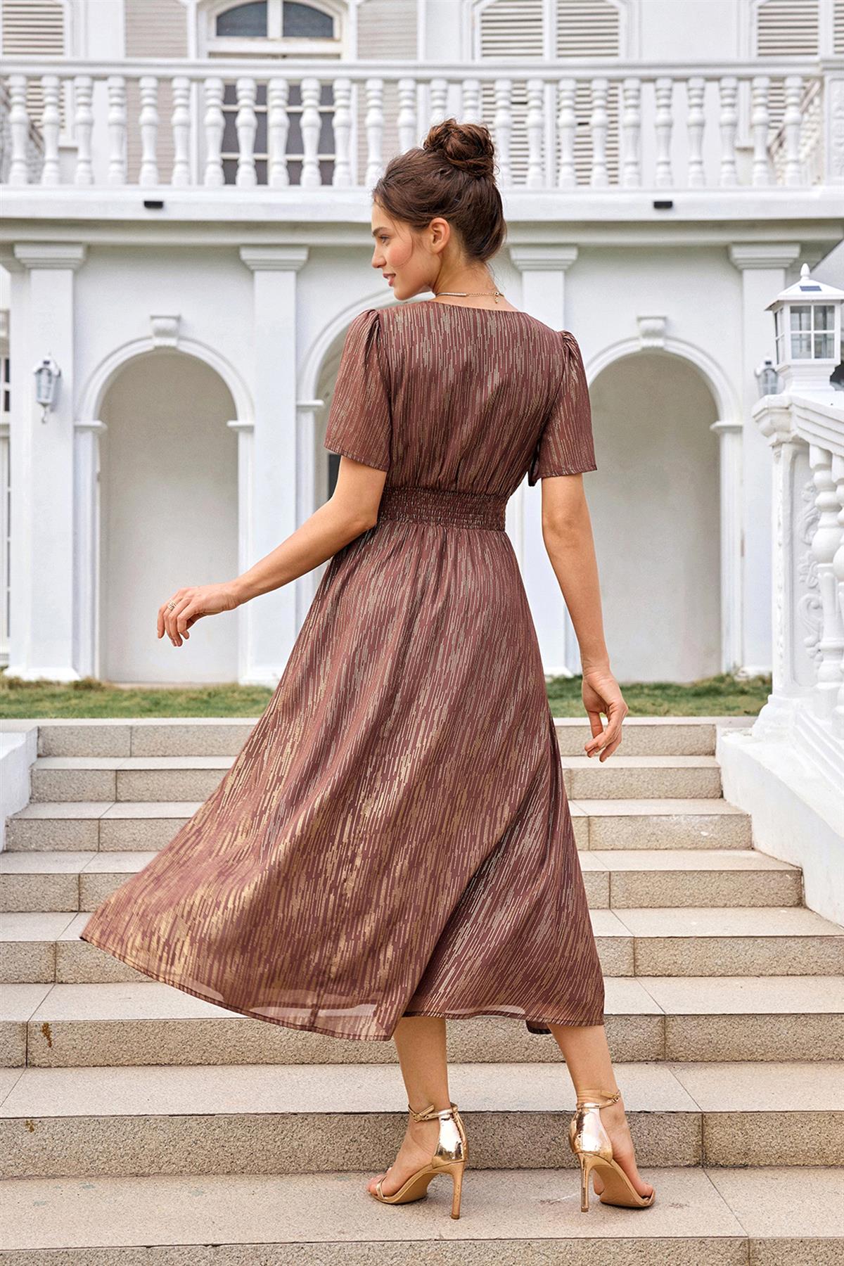 FS Collection Angel Sleeve Gold Stripe Foil Midi Dress In Brown