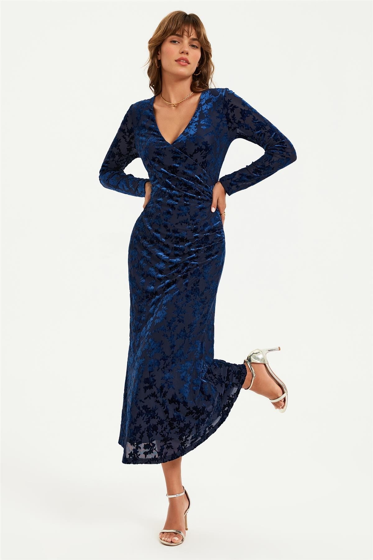 Floral Velvet Devore Long Sleeve Wrap Midi Dress In Navy