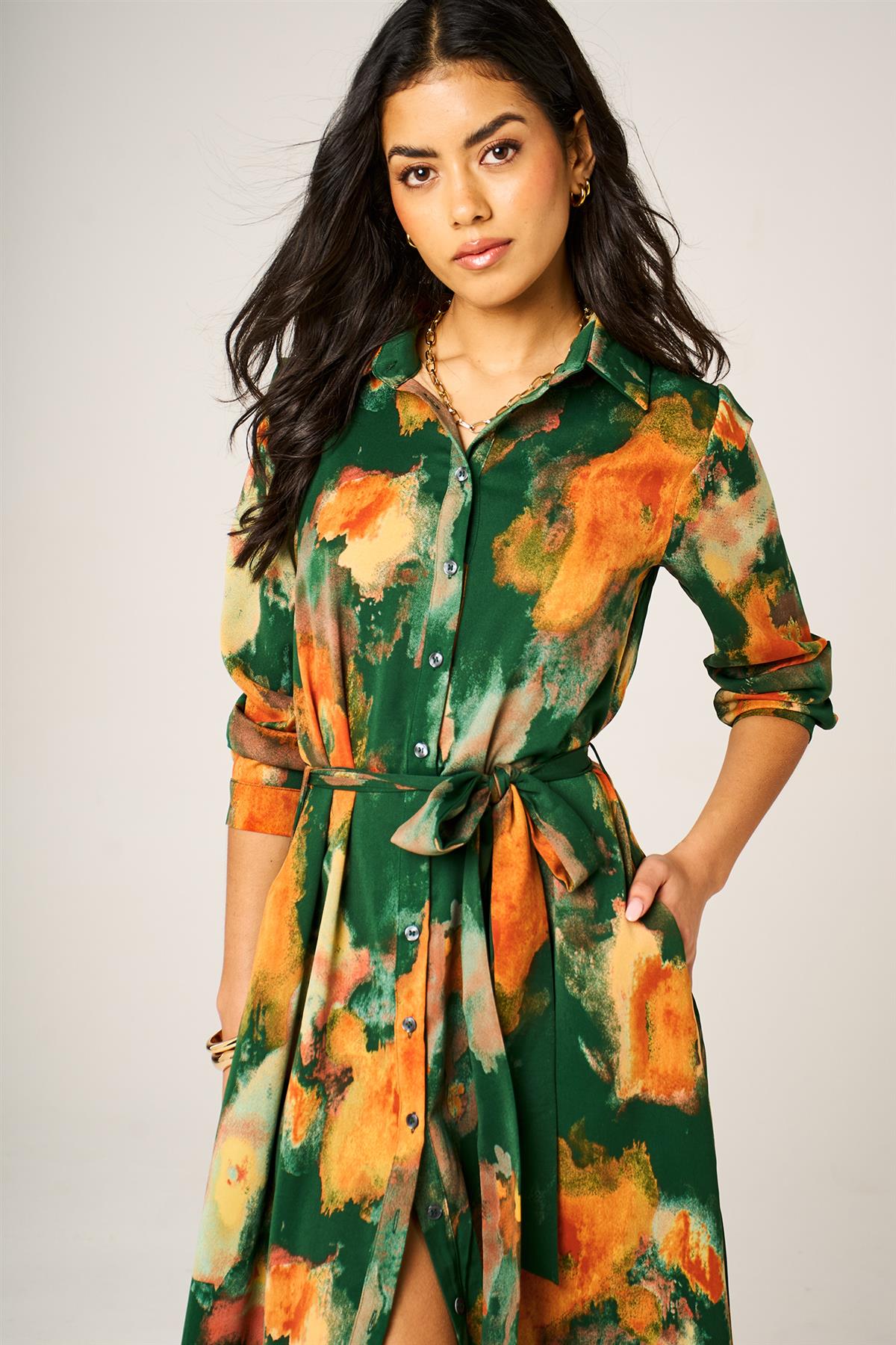 Abstract Floral Long Sleeve Belted Shirt Dress In Green