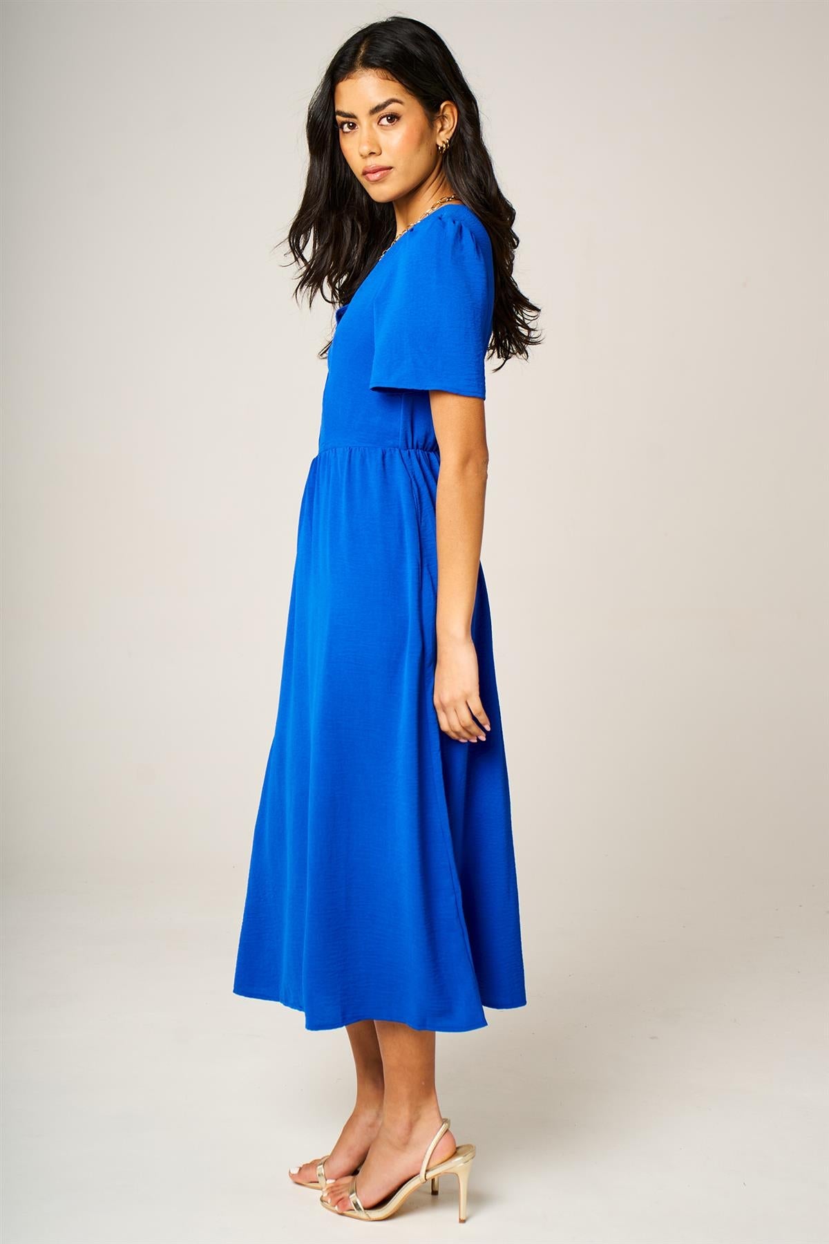 Button Front Midi Dress In Royal Blue