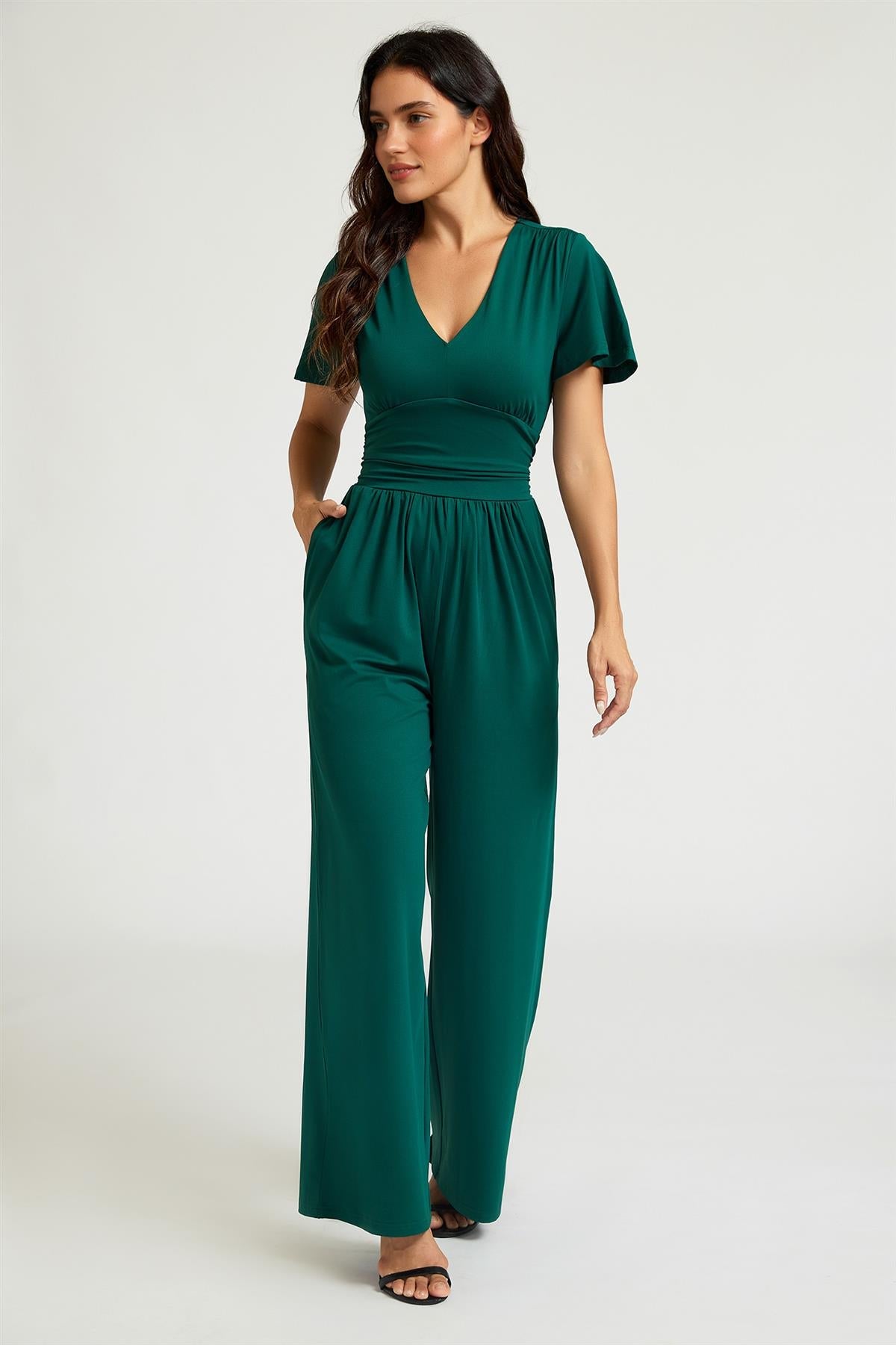 FS Collection V-Neck Ruched Waist Jumpsuit In Green