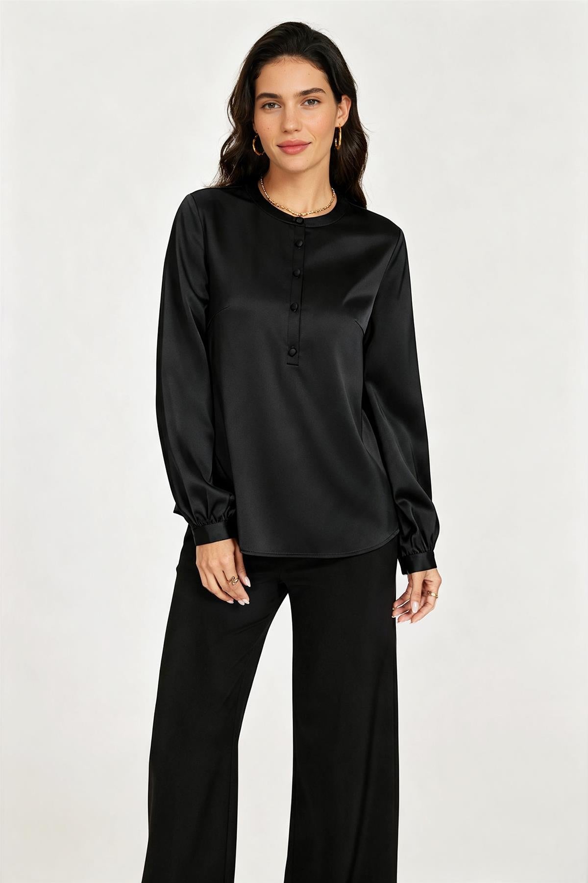 Long Sleeve Satin Blouse Top In Black