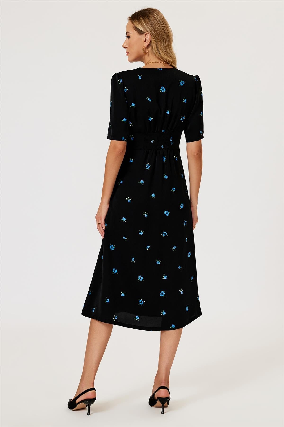 FS Collection Black & Blue Floral Print Button Front Midi Dress