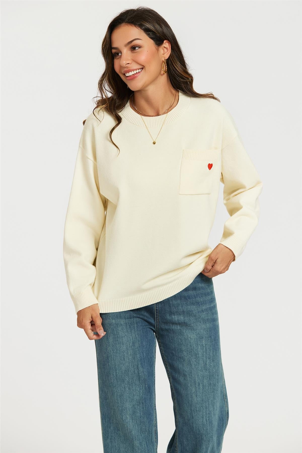 FS Collection Heart Embroidered Knit Jumper Top In Cream