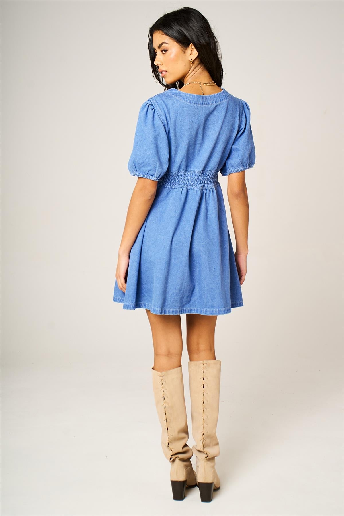 FS Collection Puff Sleeve Button Down Denim Mini Dress In Light Blue