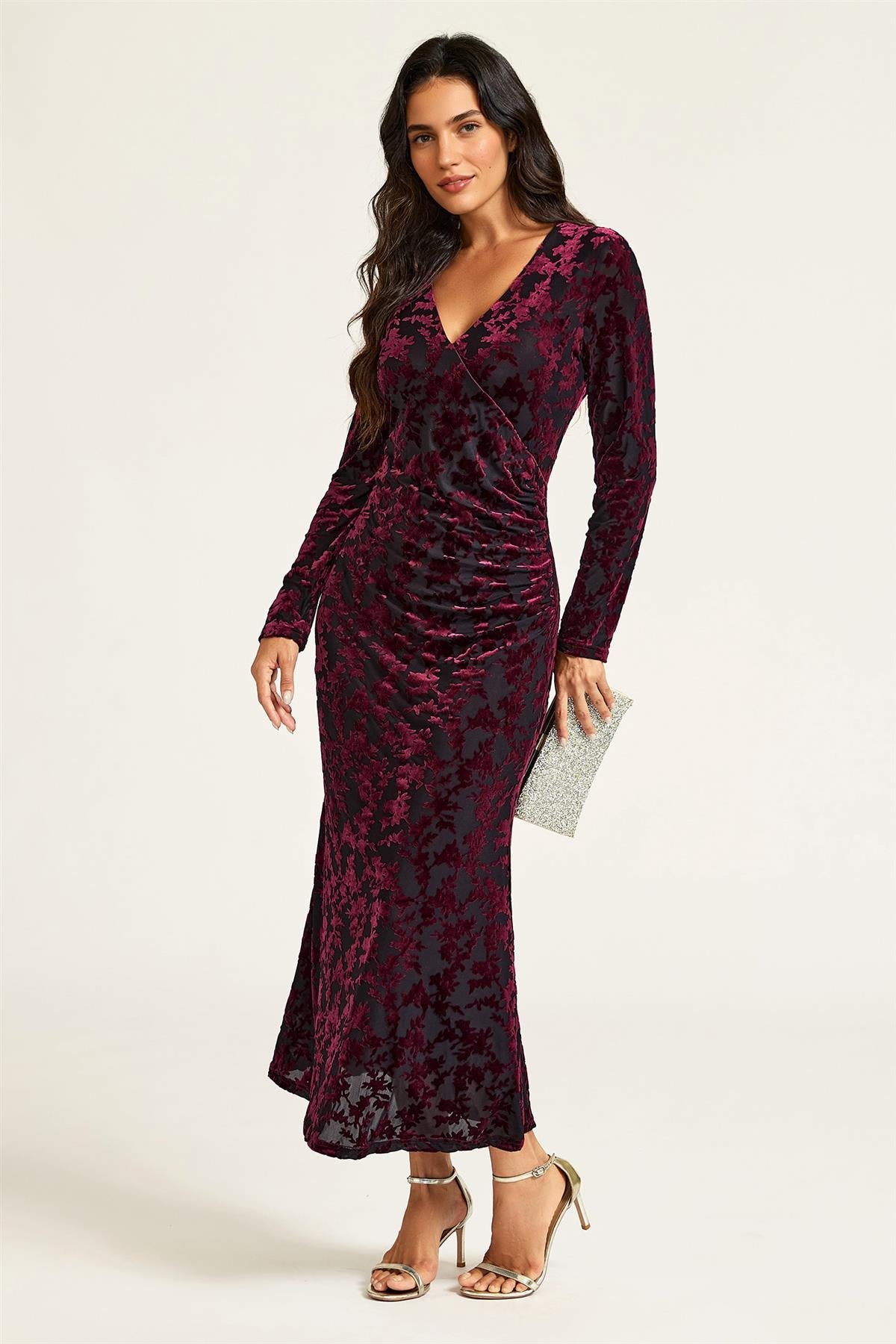 FS Collection Wine Floral Velvet Devore Long Sleeve Wrap Midi Dress